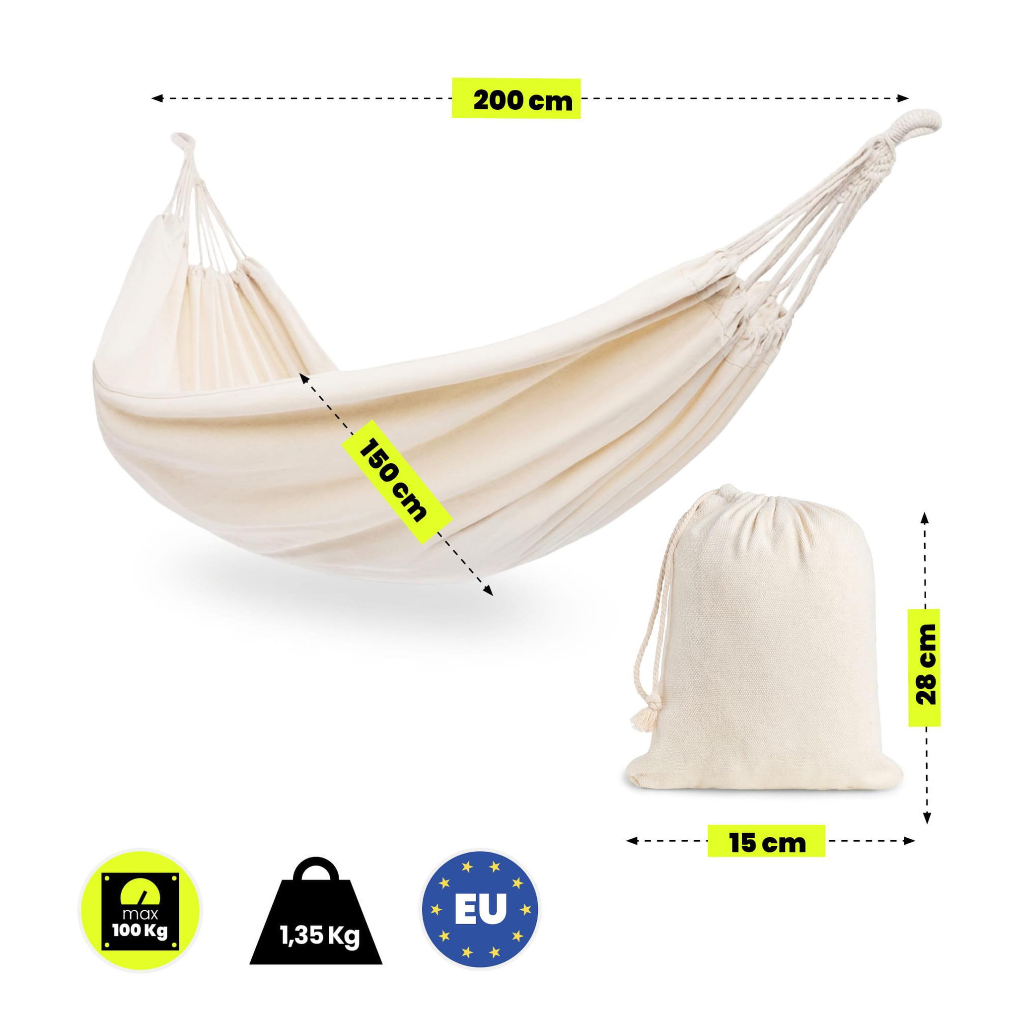 Voir la diapositive 4 : HYPERMOTION Hamac Beige 200x150 cm avec Housse - Léger, Confortable 1,35 kg, Coton/Polyester