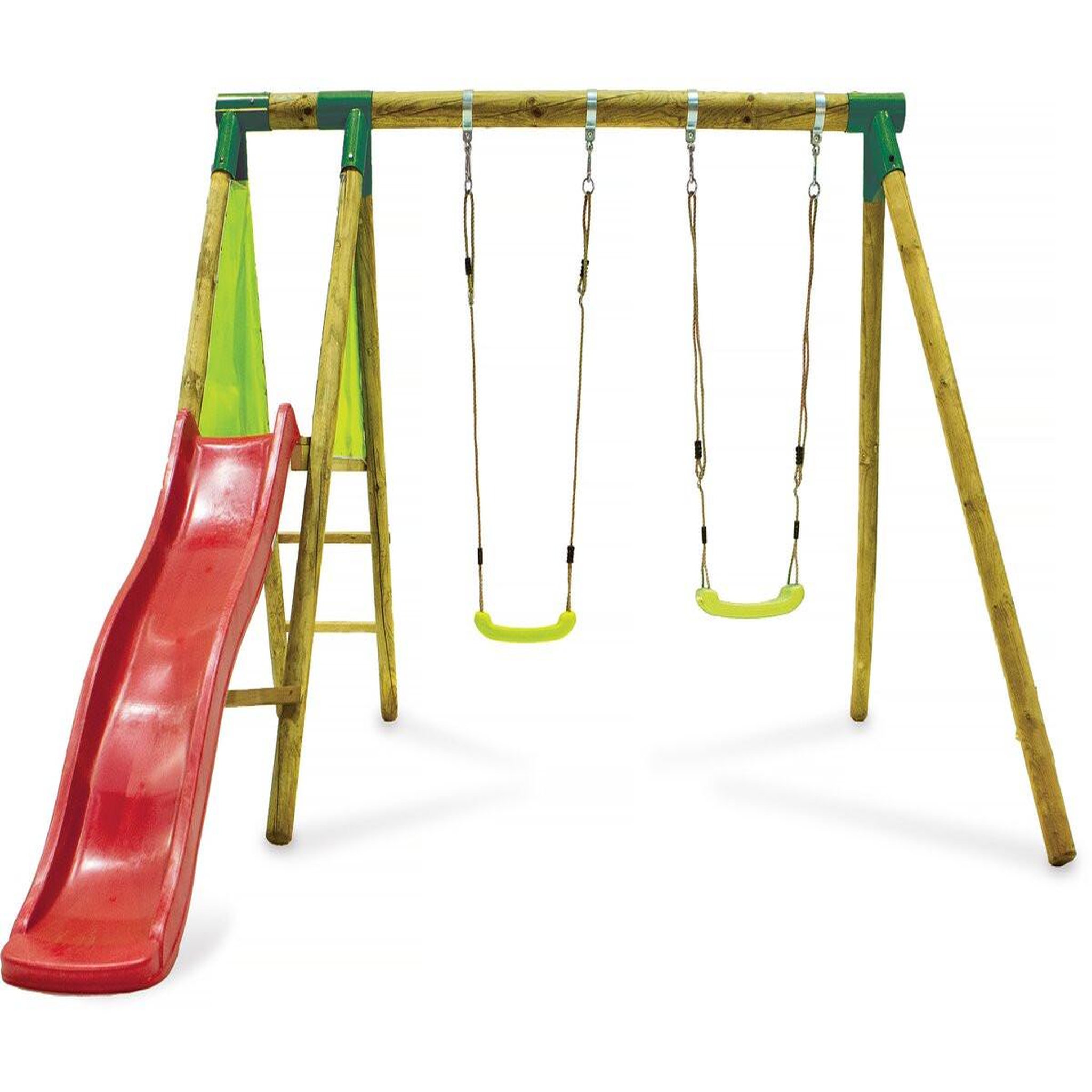 Voir la diapositive 1 : Habitat et Jardin Portique en bois  balanga  - avec 1 toboggan et 2 balançoires.