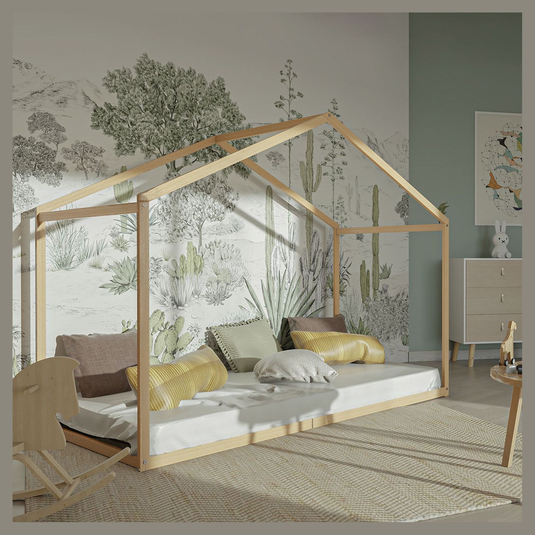 Lit cabane en bois esprit Montessori, 90x190 CM livré avec sommier PETER