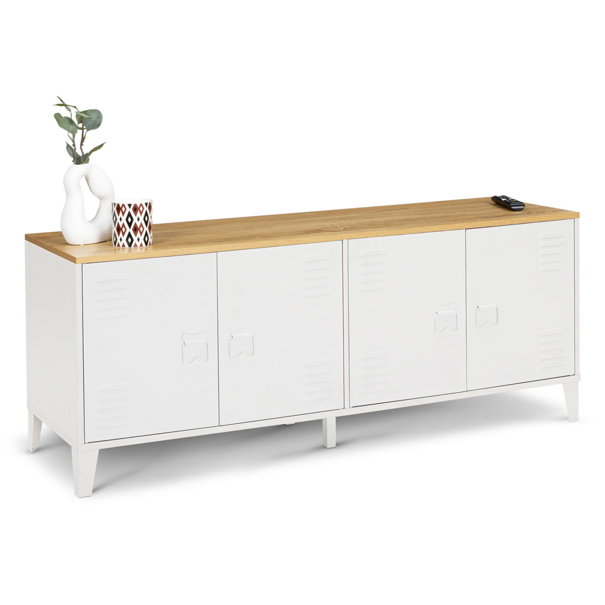 ID MARKET Buffet bas 140 cm ESTER 4 portes métal blanc plateau bois design industriel