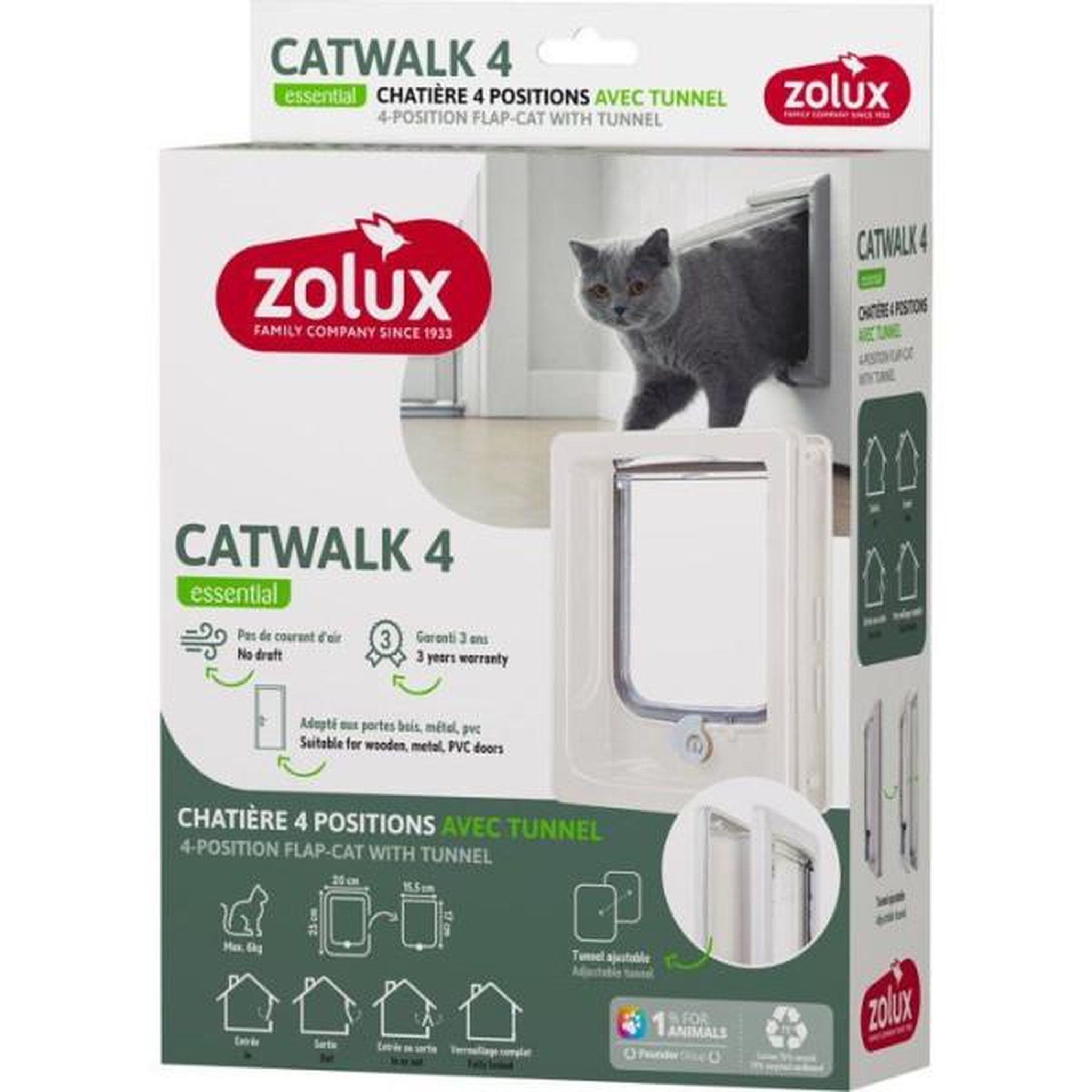 Voir la diapositive 3 : Zolux Chatiere 4 positions avec tunnel - zolux - l20 x h25 cm - pour porte bois, pvc, métal - catwalk - blanc