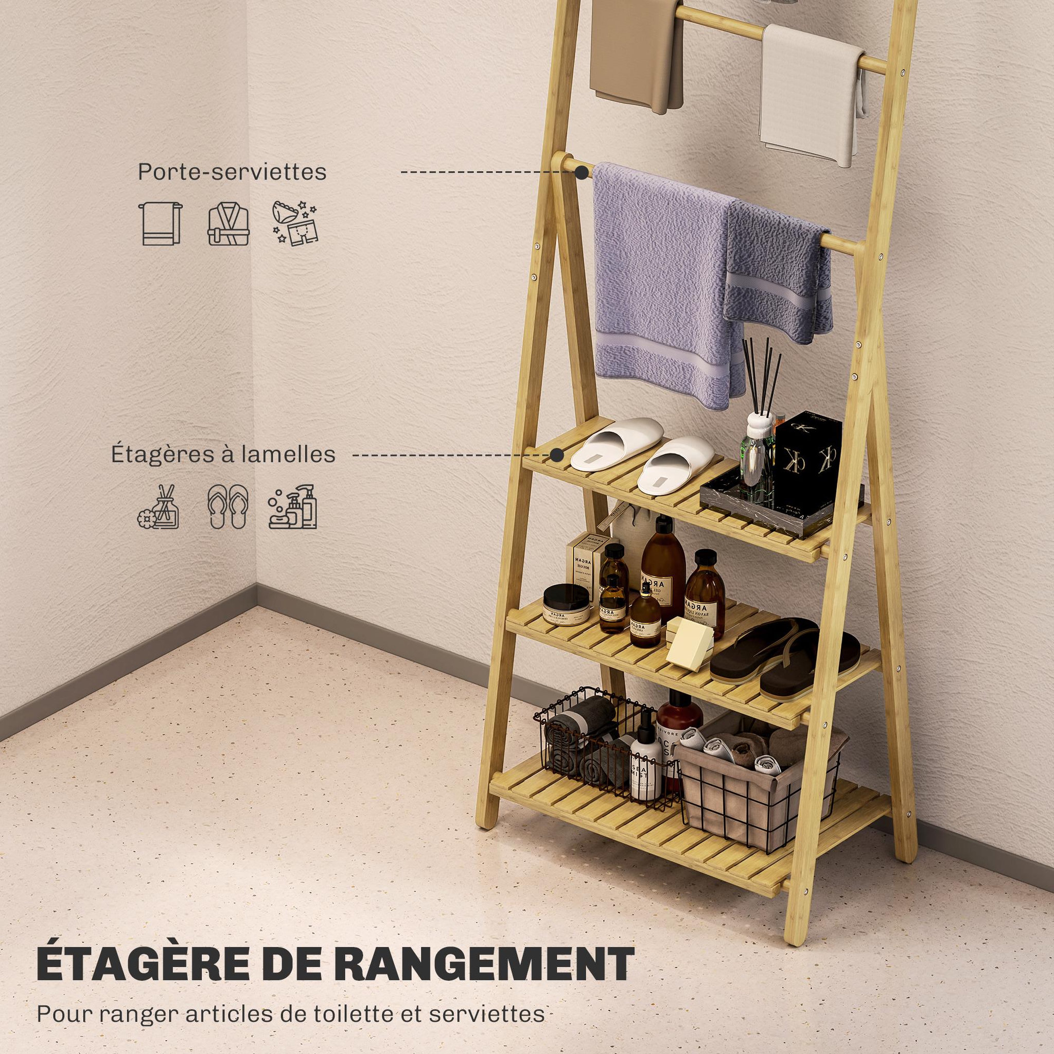 Voir la diapositive 6 : HOMCOM Porte-serviettes pliable style cosy bambou verni 3 barres 3 étagères H.153cm