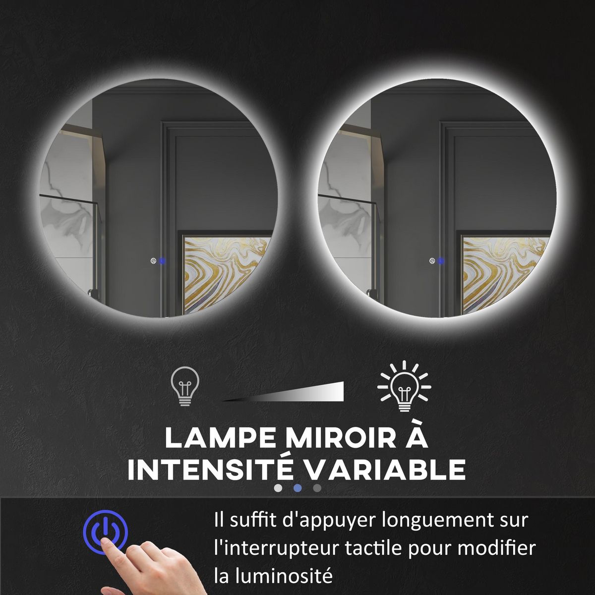 KLEANKIN Miroir rond lumineux LED de salle de bain 70 cm avec éclairage interrupteur tactile système antibuée miroir mural LED à luminosité réglable 35 W gris