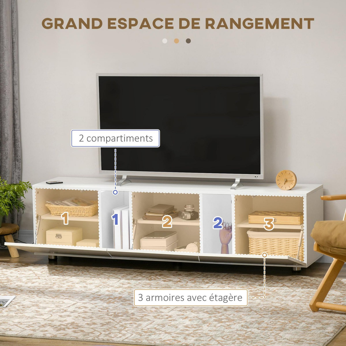 HOMCOM Meuble TV Banc TV style contemporain 3 portes abattantes panneaux blanc laqué