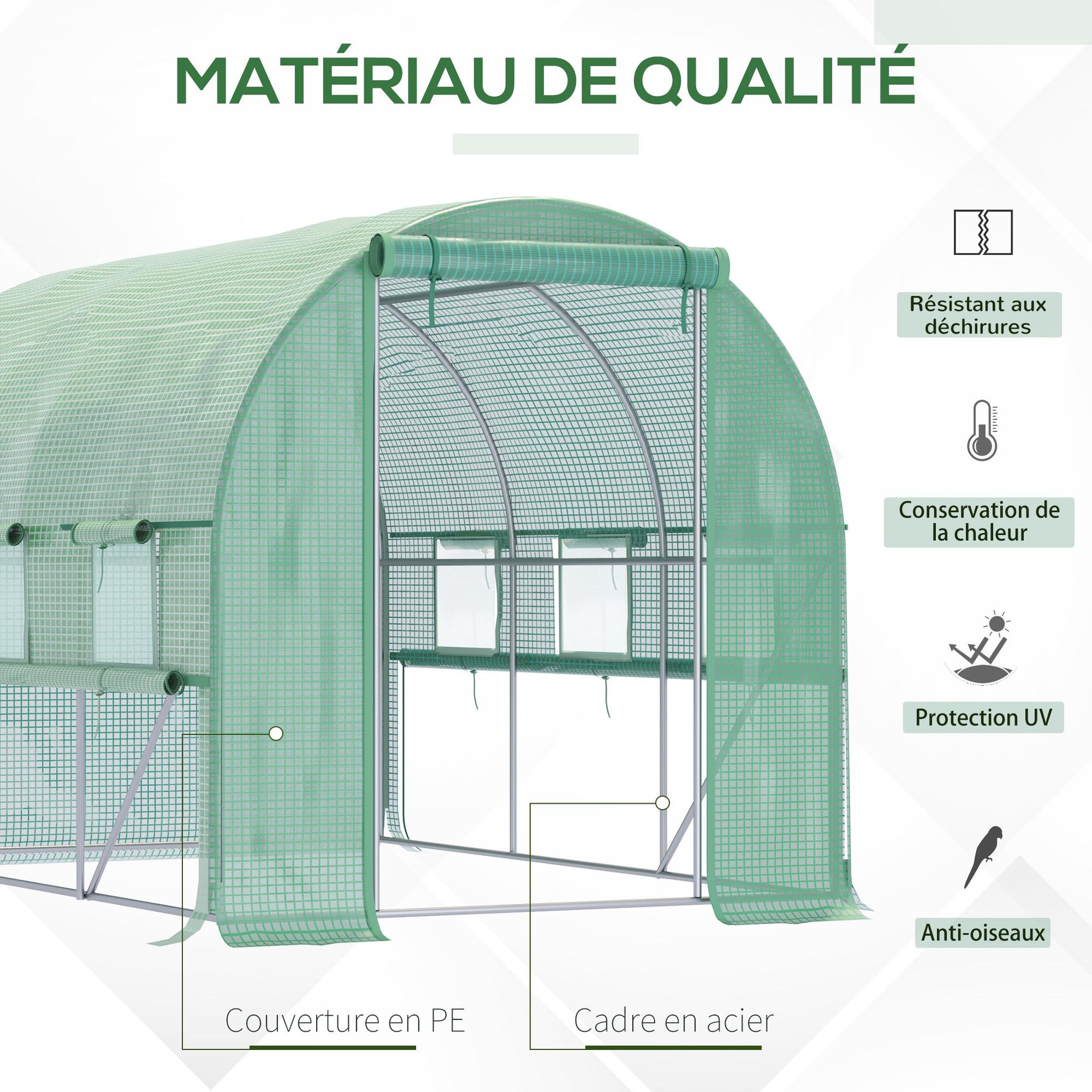 Voir la diapositive 5 : OUTSUNNY Serre de jardin tunnel 6 m² 6 fenêtres porte zippée acier galvanisé pe vert