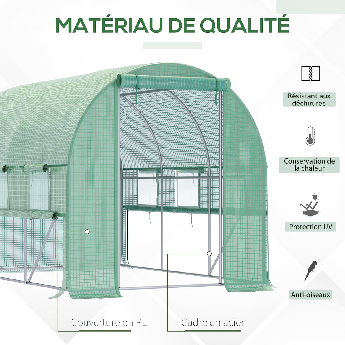 OUTSUNNY Serre de jardin tunnel 6 m² 6 fenêtres porte zippée acier galvanisé PE vert