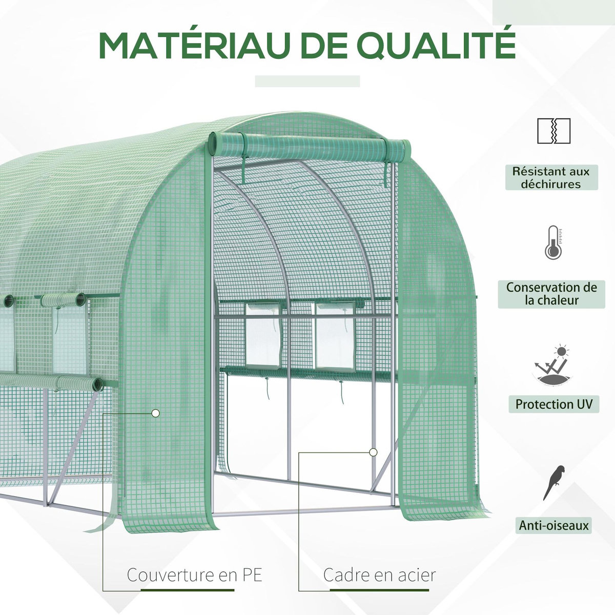 OUTSUNNY Serre de jardin tunnel 6 m² 6 fenêtres porte zippée acier galvanisé PE vert