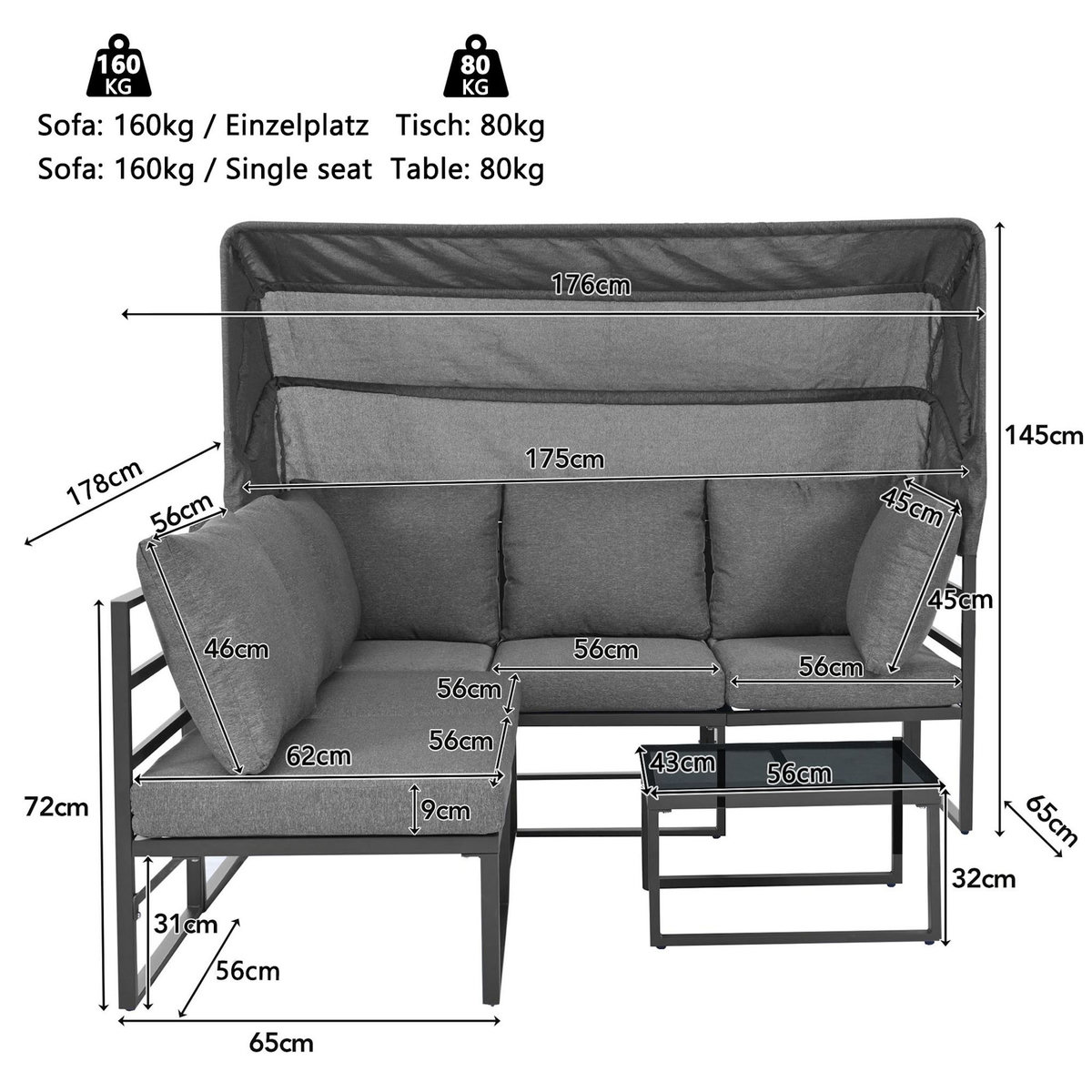MERAX Salon de jardin 5 places en fer avec table auvent, coussins polyester qualité, gris