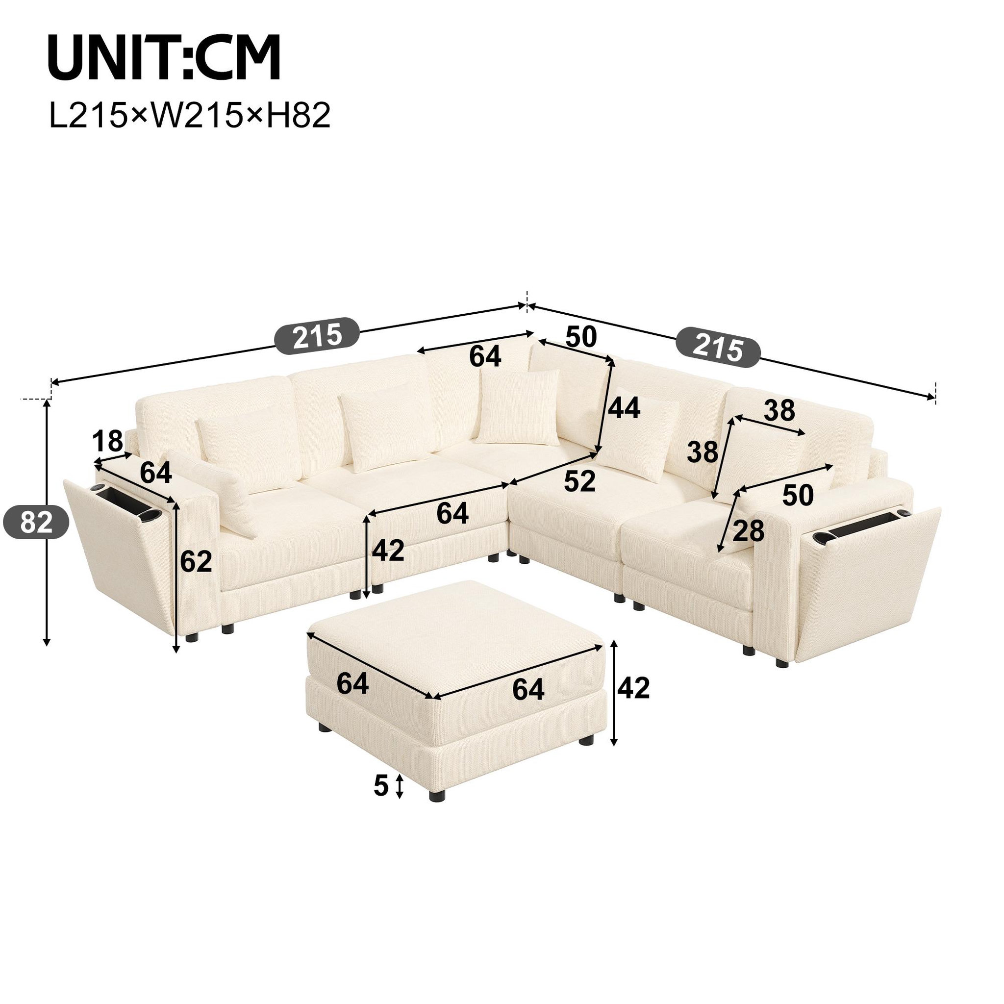 Voir la diapositive 3 : MERAX Canapé d'angle modulable 6 places l/u chenille avec usb rangement porte-gobelet