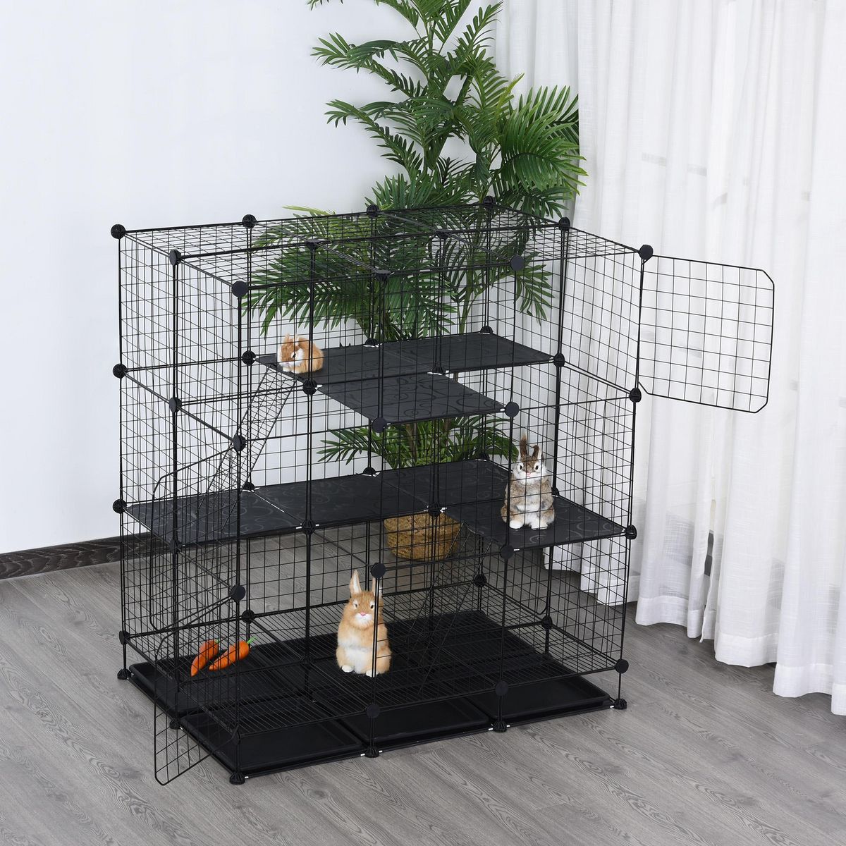 PAWHUT Cage parc enclos rongeurs modulable dim. L 111 x l 75 x H 119 cm 3 niveaux 4 portes fil métallique noir