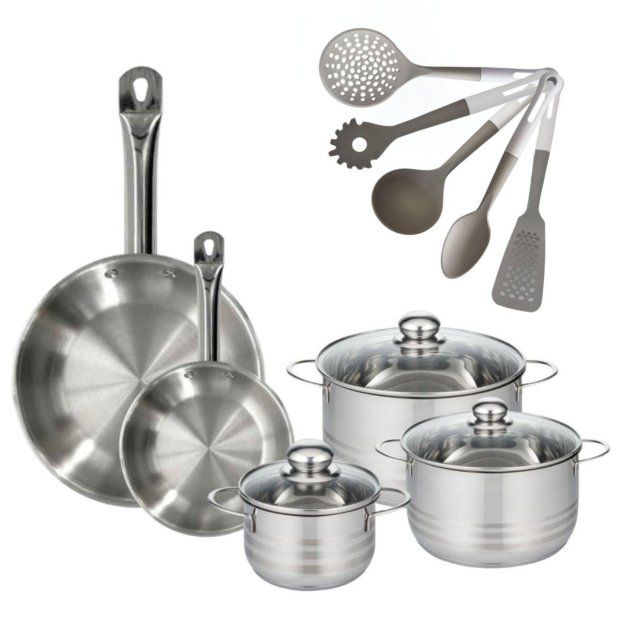 Fackelmann Lot de 2 poêles en inox 20/28 cm fackelmann eterna avec 3 faitouts 16/20/24 cm et 5 ustensiles