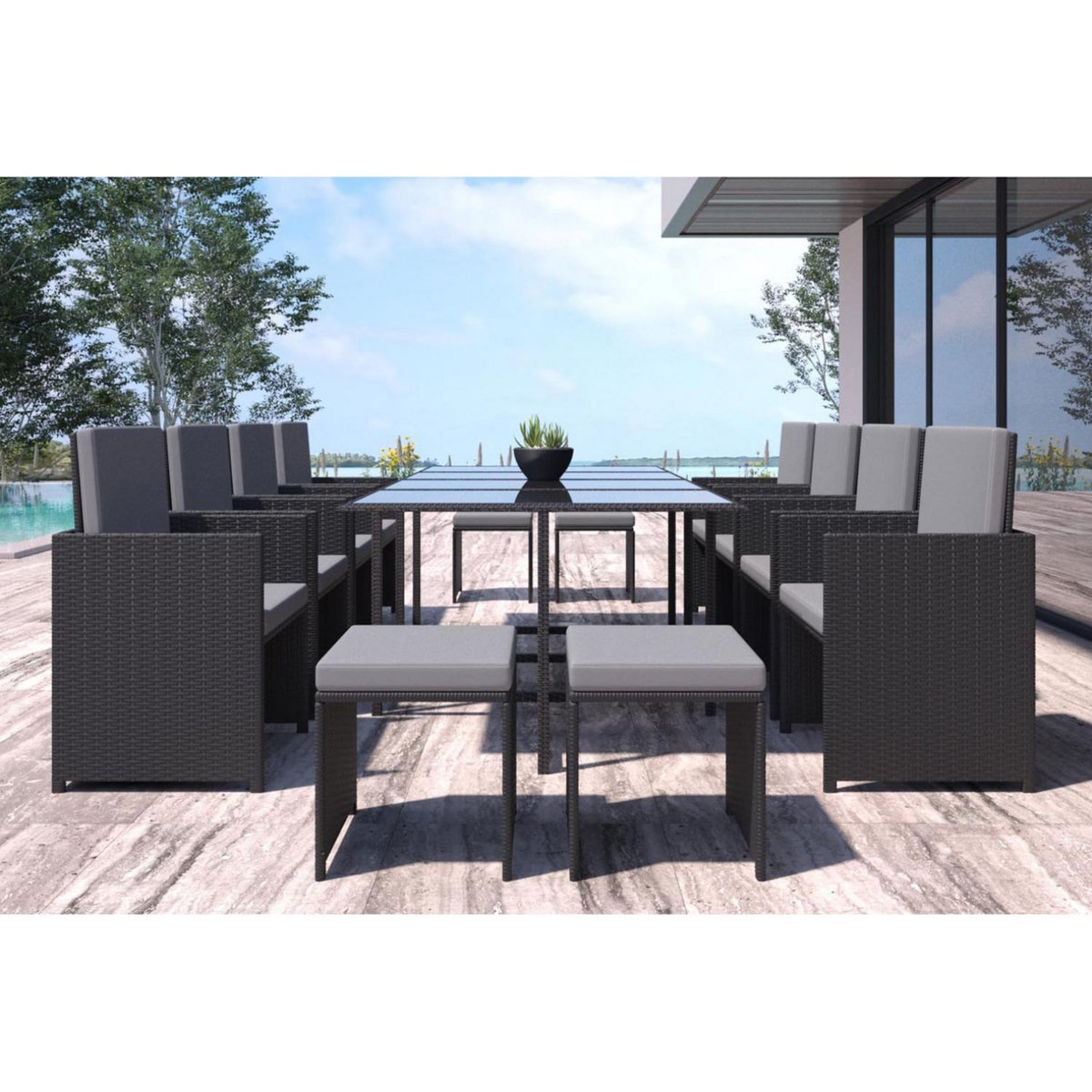 CONCEPT USINE Table et chaises 12 places en résine tressée noir et gris FLORIDA