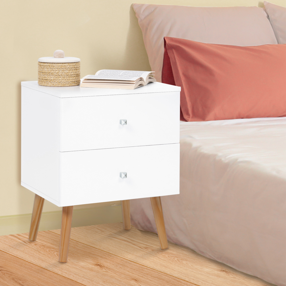 ID MARKET Lot de 2 tables de chevet EMMIE scandinaves 2 tiroirs blanc