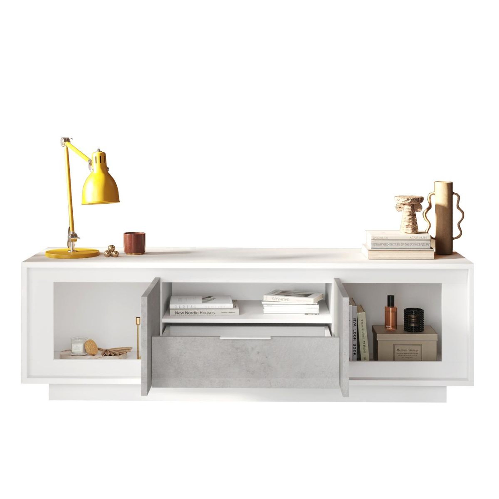 Voir la diapositive 3 : JLC KREATION Banc tv moderne 180cm blanc et gris béton yori