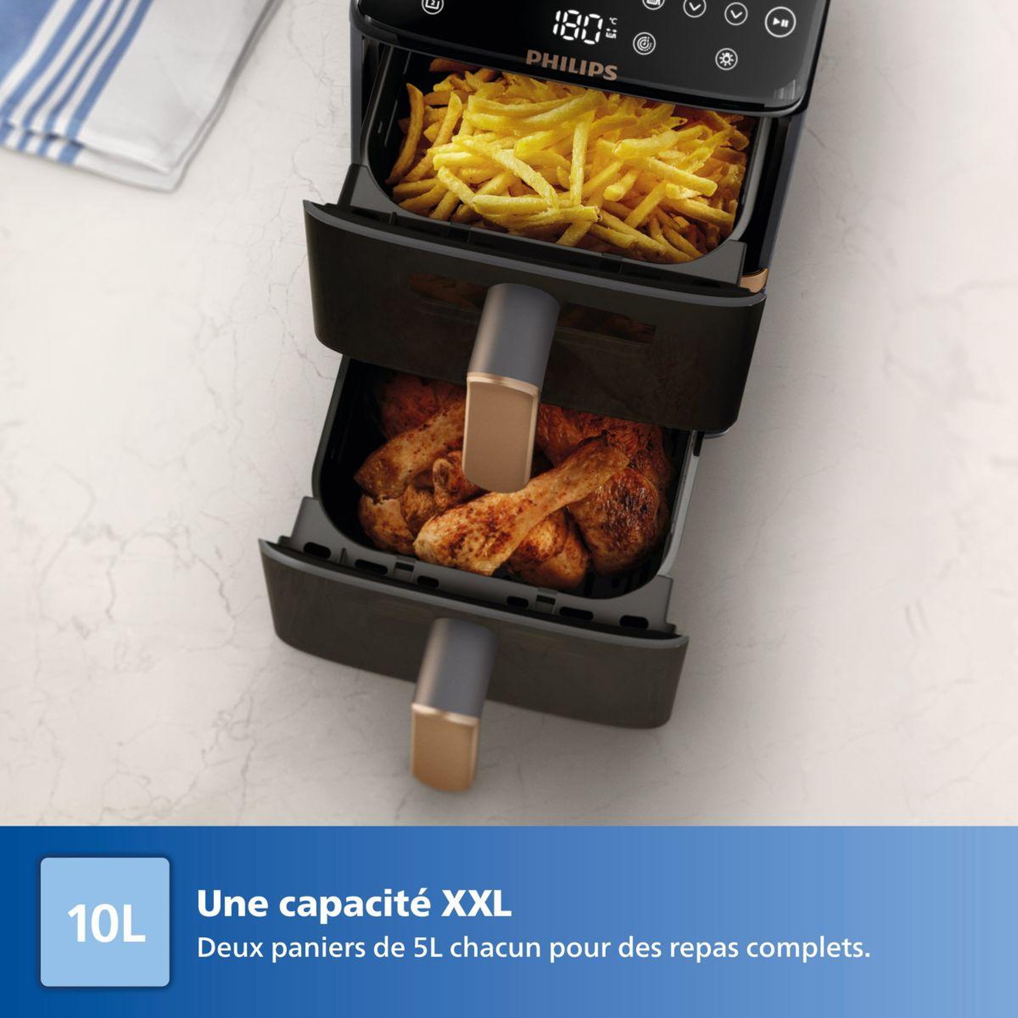 Voir la diapositive 2 : Philips Airfryer na462/70 friteuse sans huile vertical duo noir/cuivre, série 4000 10l (5+5l)
