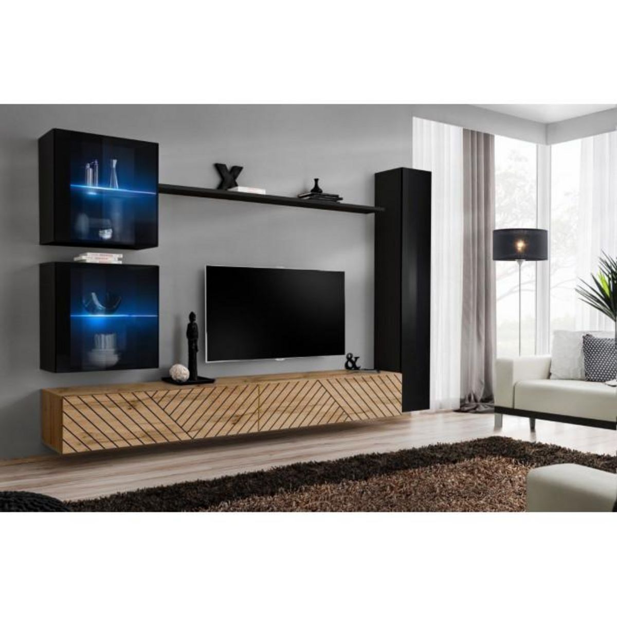 Paris Prix Ensemble Meuble TV  Switch Lamel XVIII  280cm Naturel & Noir