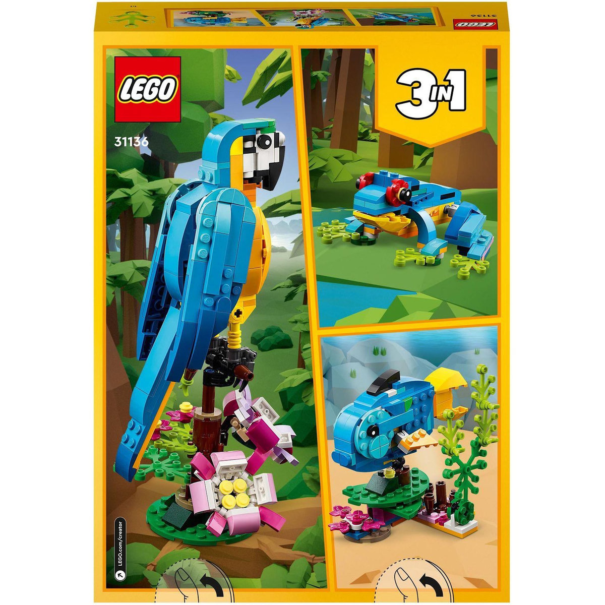 LEGO Creator  31136 - Le perroquet exotique, Jouet de Construction, Figurines Animaux de la Jungle, avec Grenouille et Poisson