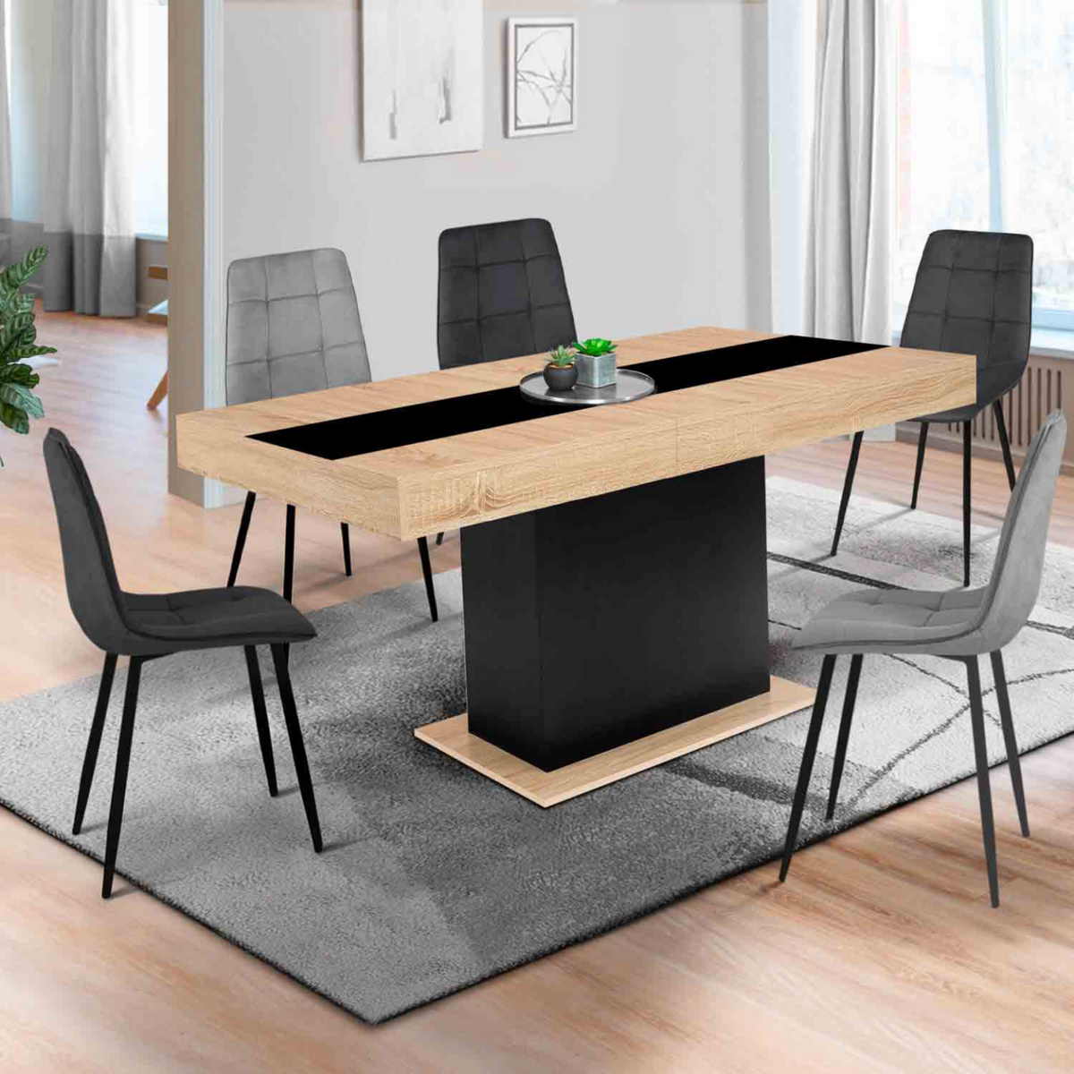 ID MARKET Table à manger extensible rectangle EDEN 6-10 personnes bois et noir bande centrale noire 160-200 cm
