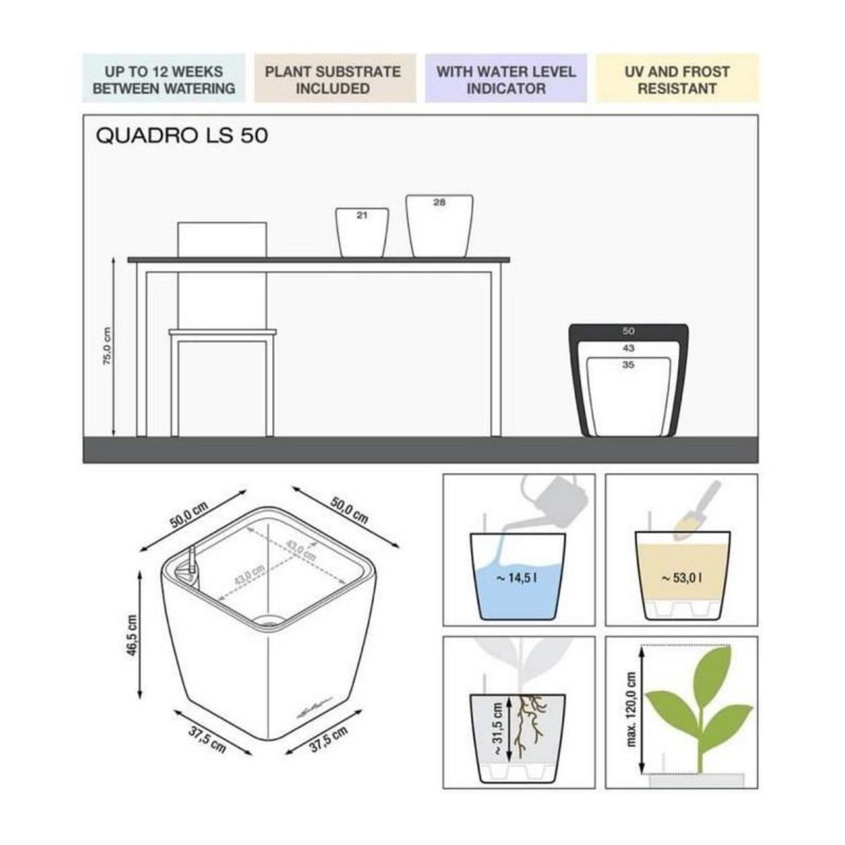 LECHUZA Pot Quadro Premium LS 50 - kit complet, rouge scarlet brillant 50 cm