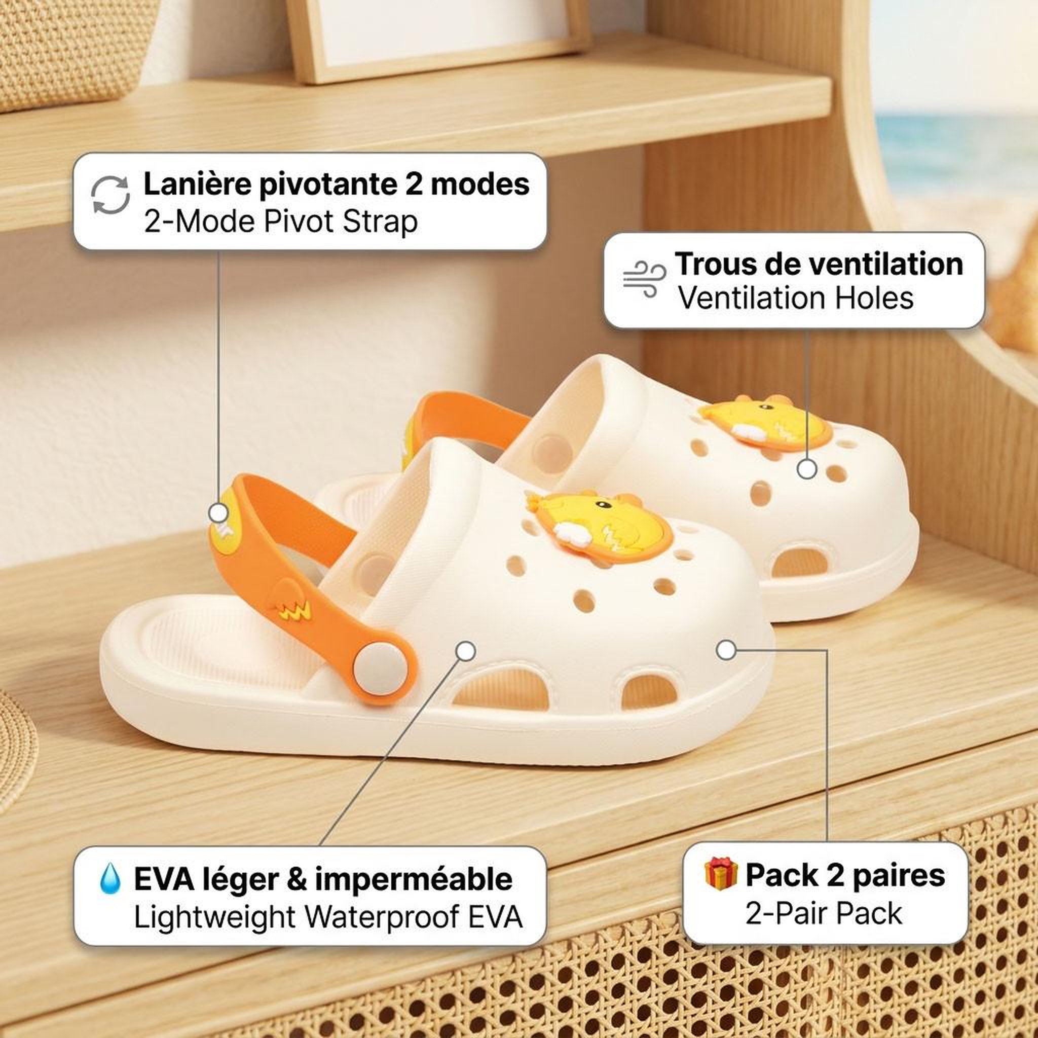 Voir la diapositive 3 : OZABI OZABI Pack 2 Paires Sabots Enfant EVA - Lanière Pivotante - Décoration Fantaisie