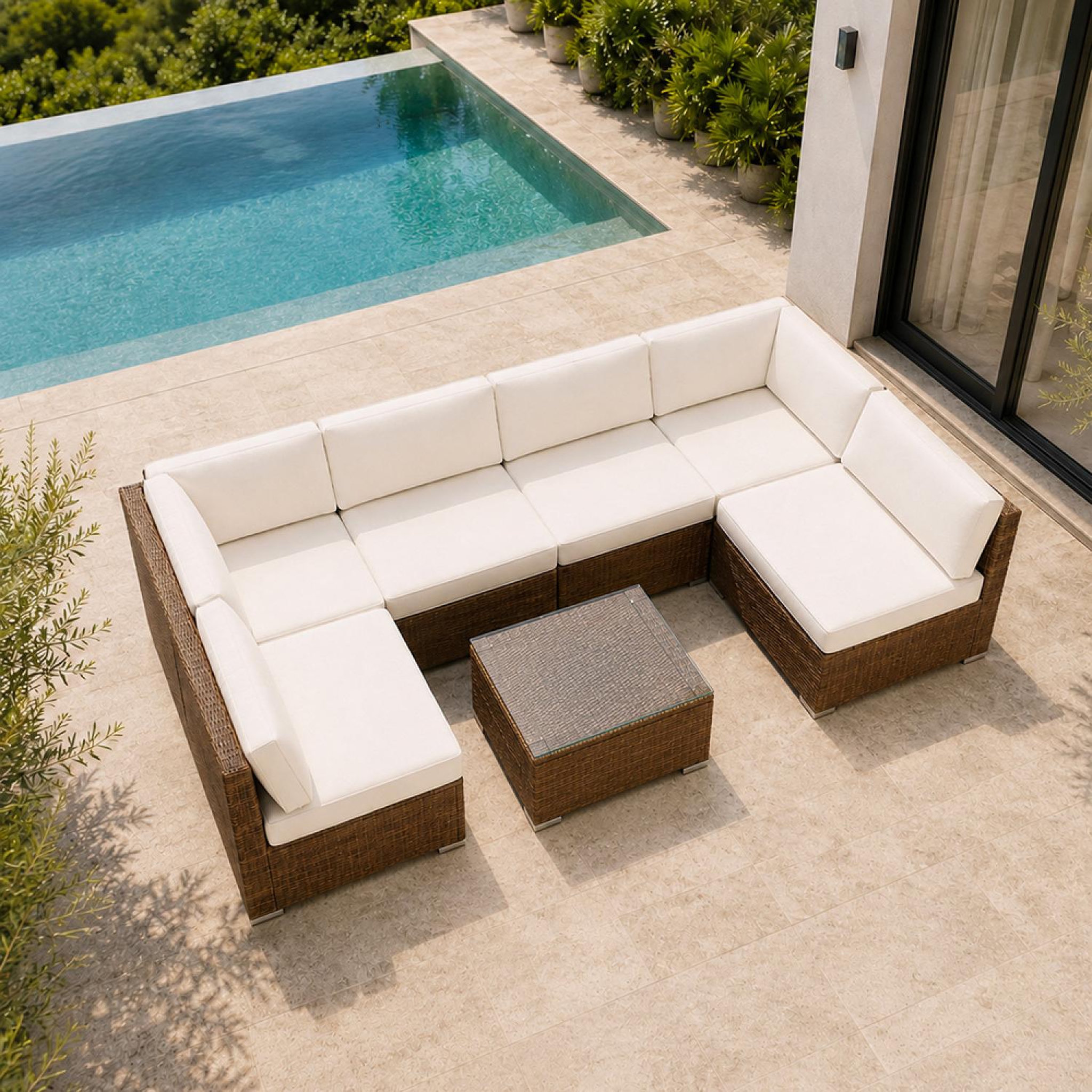Voir la diapositive 5 : CONCEPT USINE Salon de jardin 6 places modulable en résine tressée marron et beige qamea