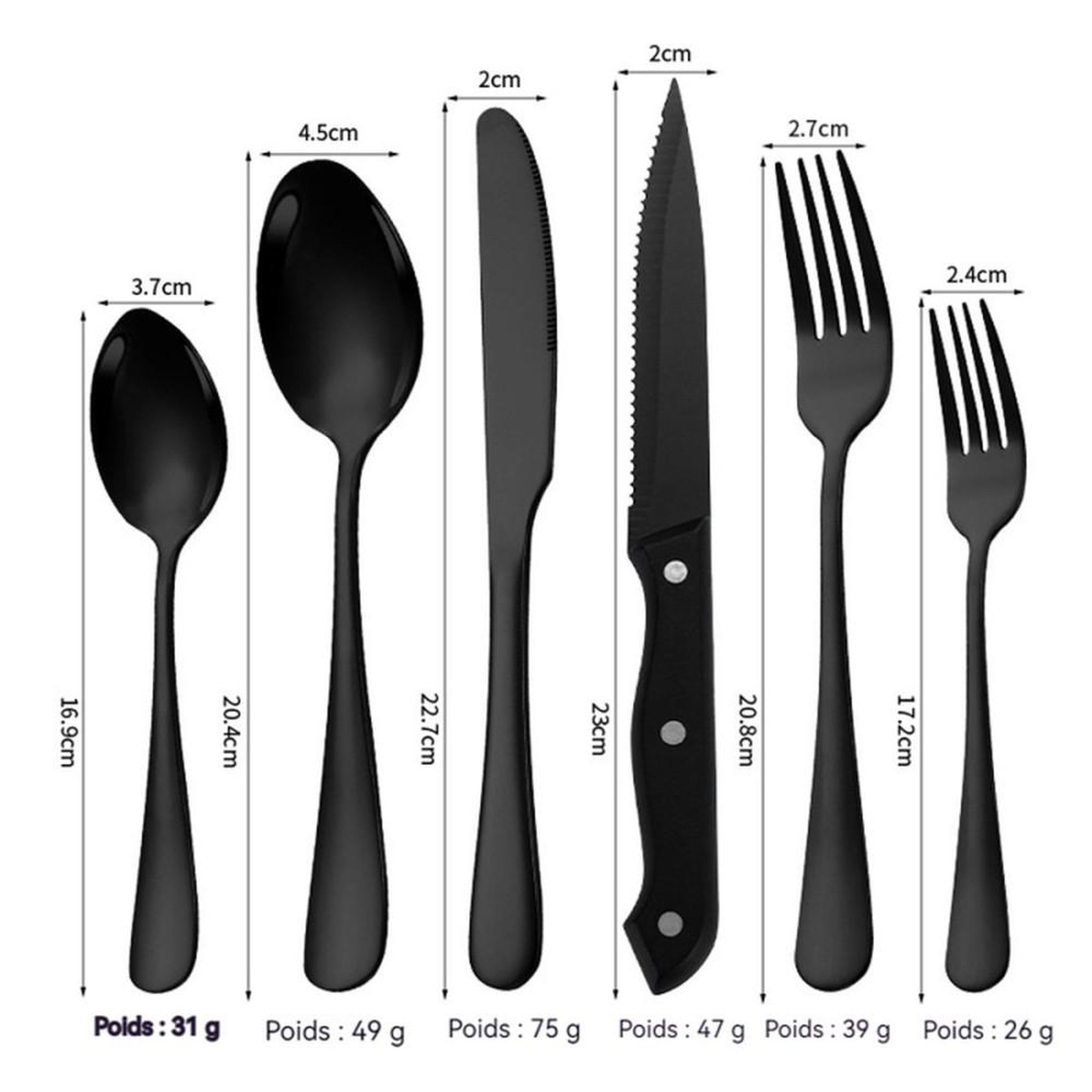 Voir la diapositive 6 : Ensemble de couverts 24 pièces pour 6 personnes en acier inox 304 noir mat, finition antidérapante
