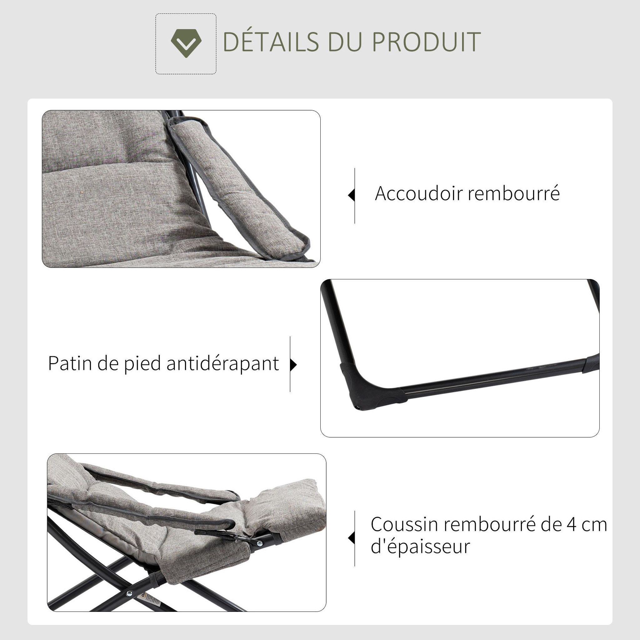 Voir la diapositive 5 : OUTSUNNY Chaise de jardin camping pliable - épais coussin amovible inclus - accoudoirs rembourrés - acier noir tissu gris