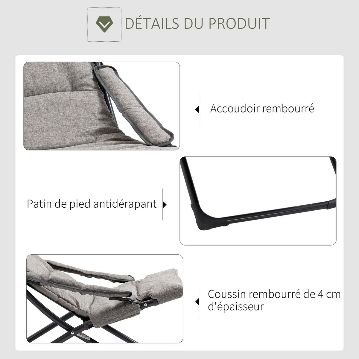 OUTSUNNY Chaise de jardin camping pliable - épais coussin amovible inclus - accoudoirs rembourrés - acier noir tissu gris