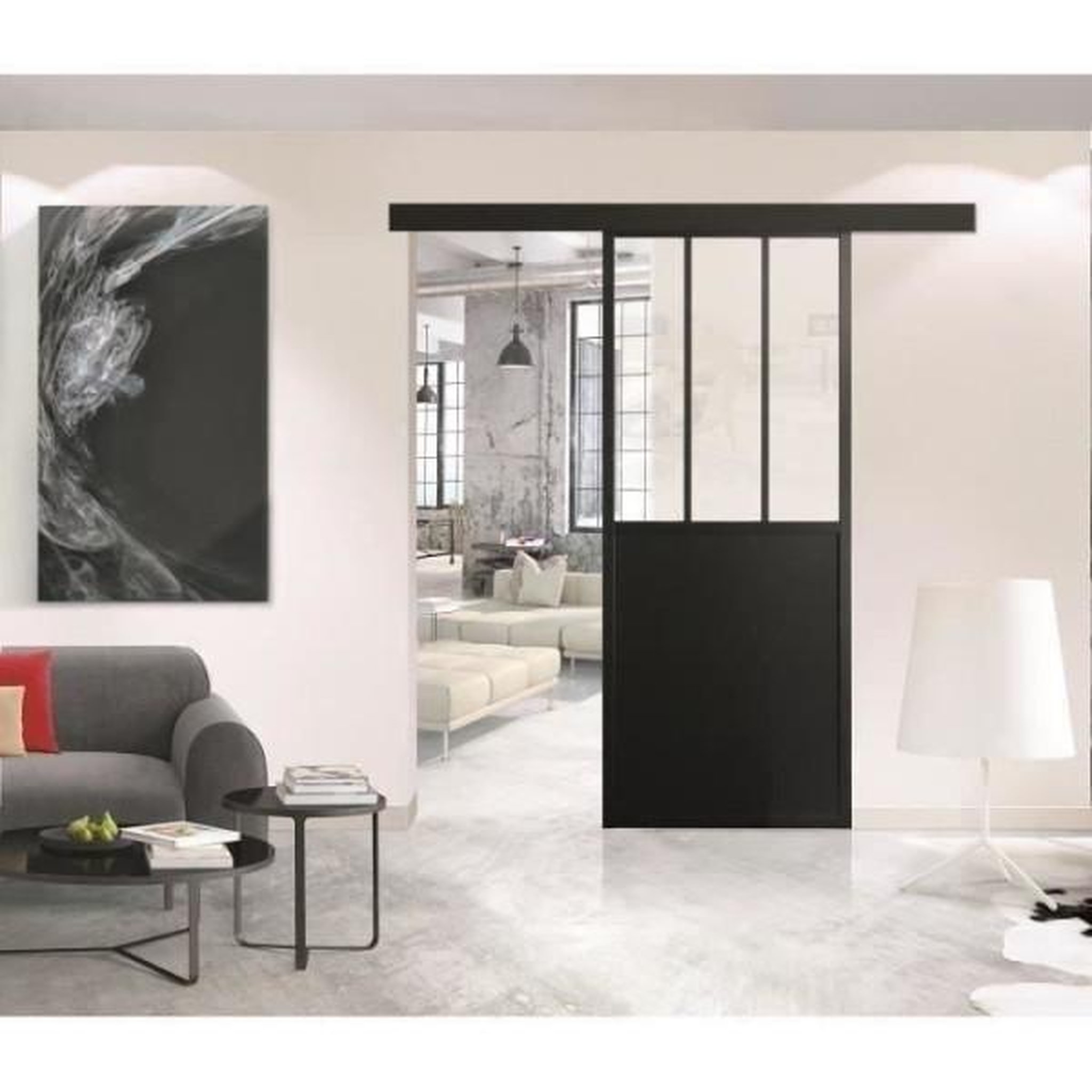 OPTIMUM Optimum - kit porte coulissante + rail + bandeau atelier - h 204 x l 93 x p 4 cm - noir verre transparent