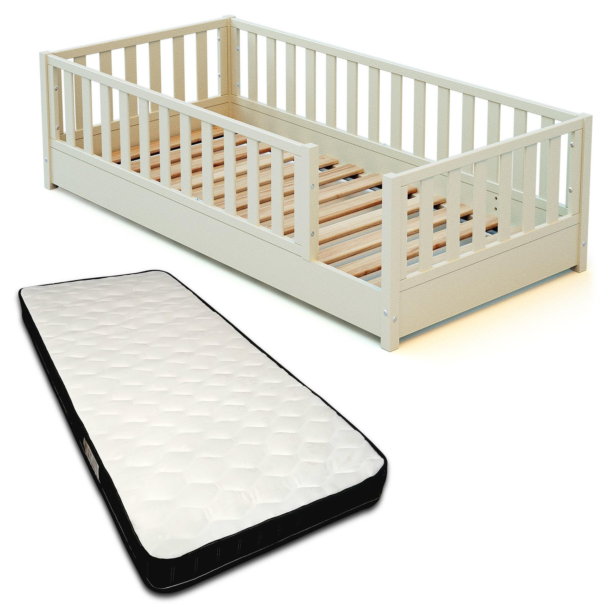 JURABABY Lit au sol enfant en bois SONHO avec matelas - 90x190. Coloris disponibles : Rose, Vert, Blanc