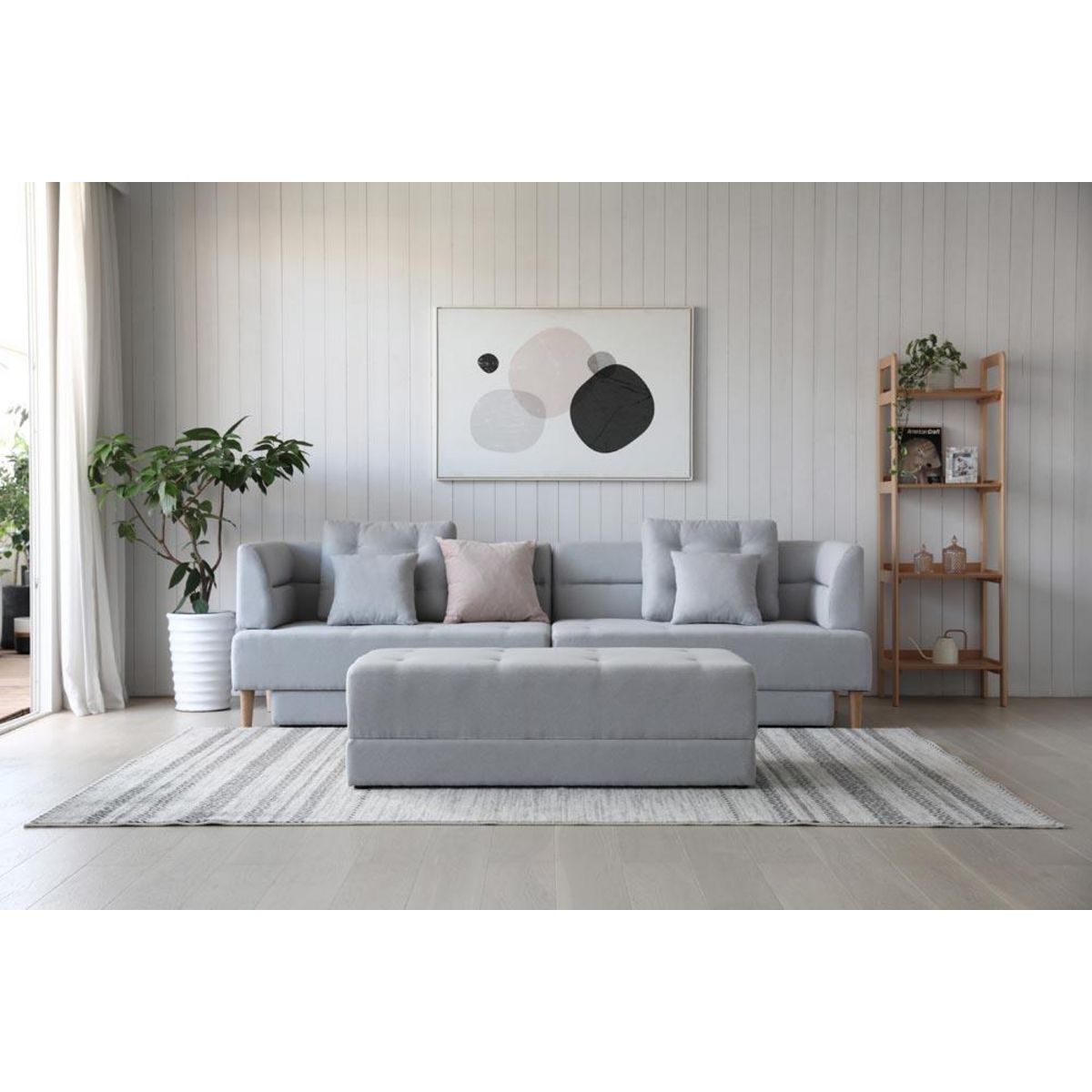 CONCEPT USINE Canapé multifonction 4 places en tissu gris clair BERGA