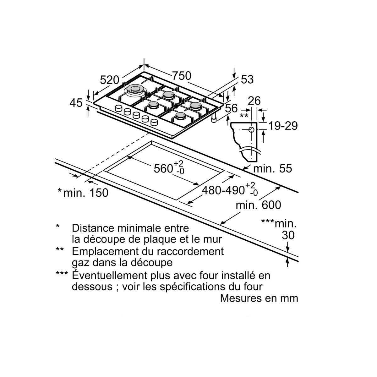 Siemens Table de cuisson gaz 75cm 5 feux 12500w inox - EC7A5SI90