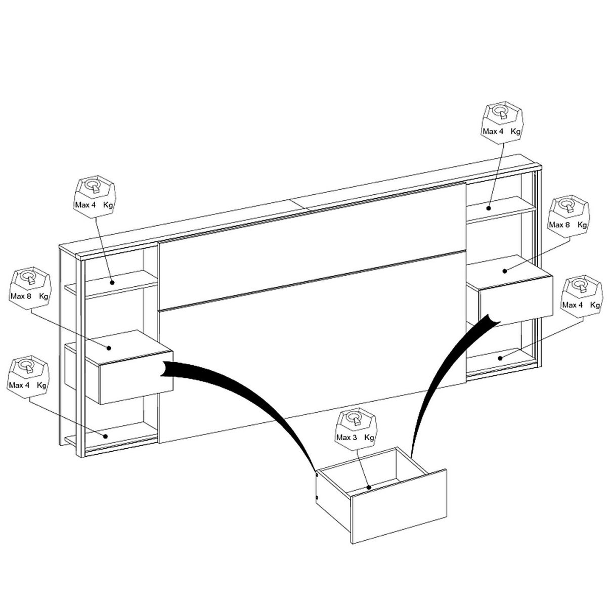 Tête de lit pour lit 140 ou 160 cm avec rangements PAM