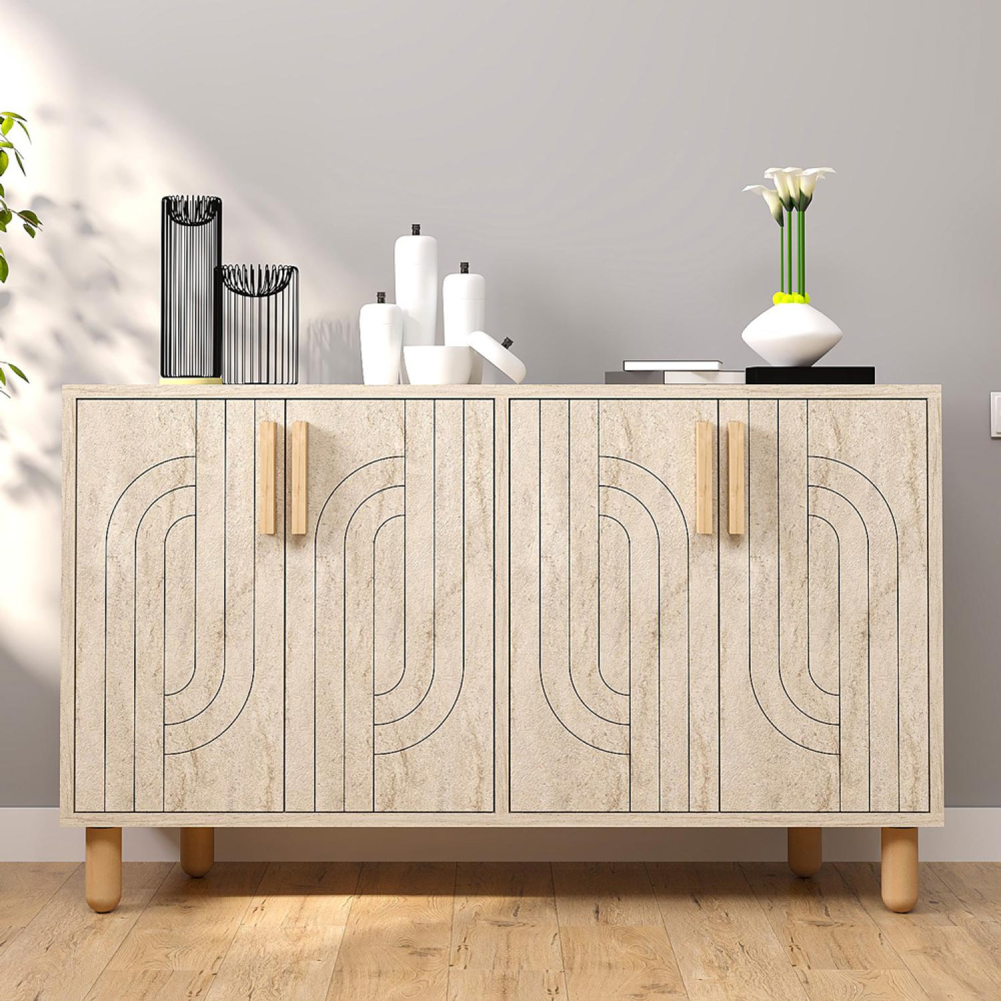 Voir la diapositive 2 : CONCEPT USINE Buffet à 4 portes effet travertin nervuré 120x73cm RODY