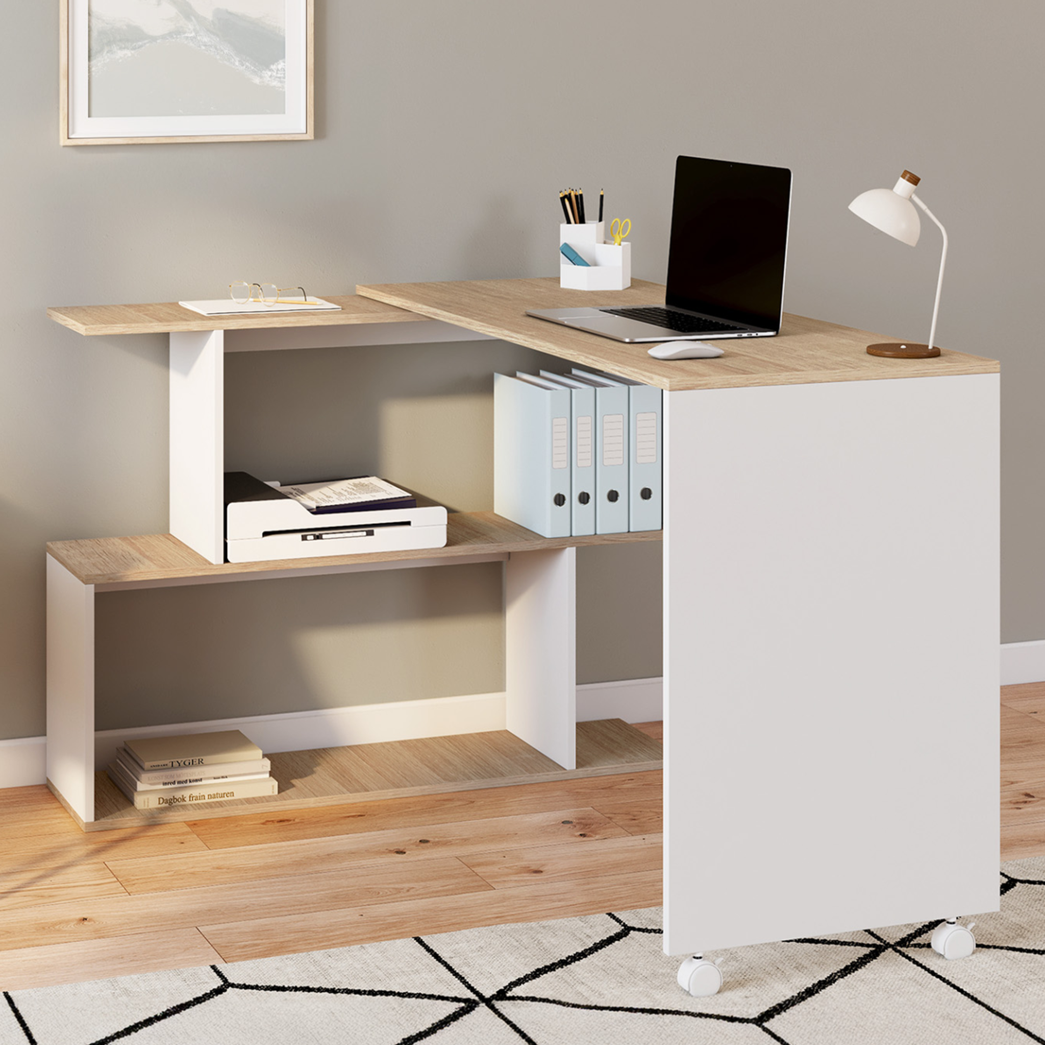 Voir la diapositive 2 : ID MARKET Bureau d'angle rotatif 180° joy étagère forme s bois façon hêtre et blanc