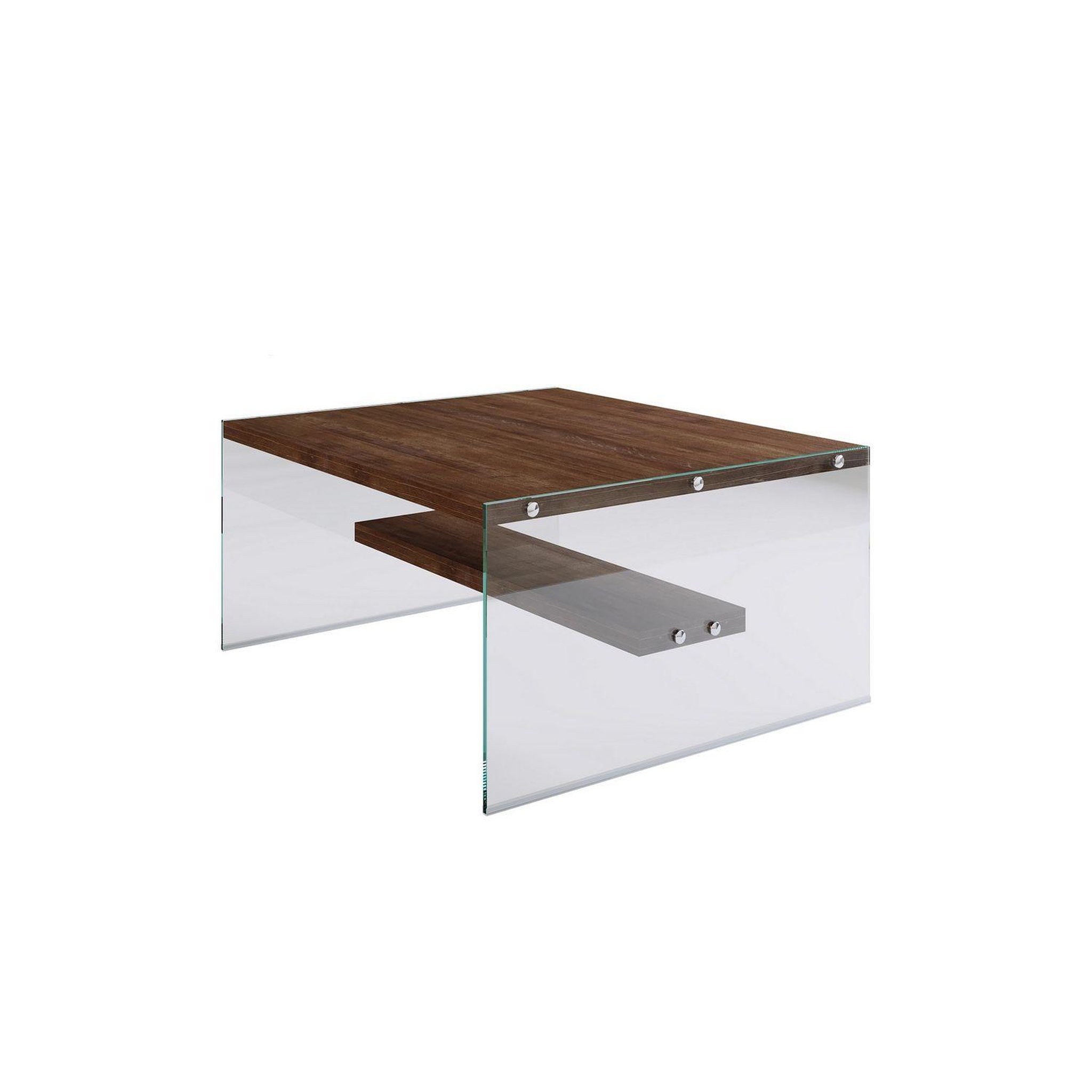 TOILINUX Table basse carrée 1 étagère en bois de pin et sa structure en verre - marron