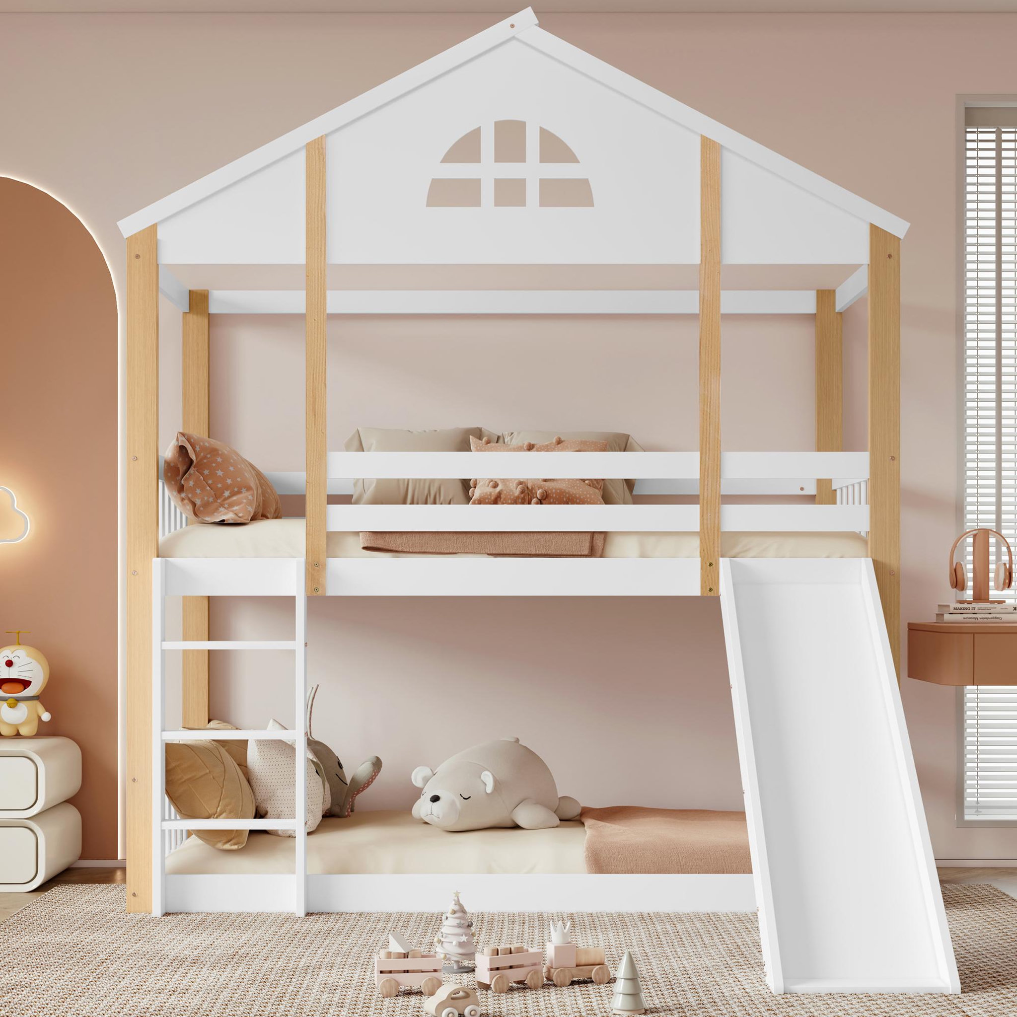 Voir la diapositive 2 : MERAX Lit superposé 90x200cm bois et mdf coloris blanc+naturel