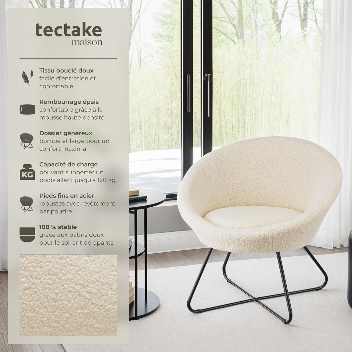tectake Fauteuil cocktail rembourré avec revêtement en velours Bouclé blanc cassé