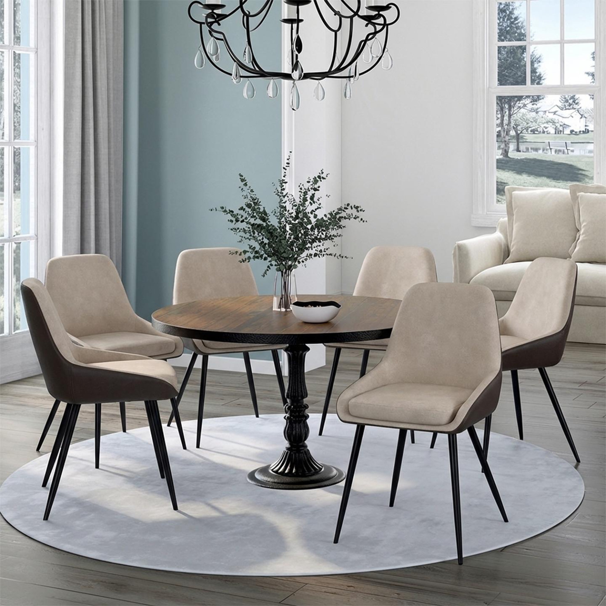 Voir la diapositive 2 : ID MARKET Lot de 6 chaises thalya bi-matière en tissu et pu marron et taupe pour salle à manger