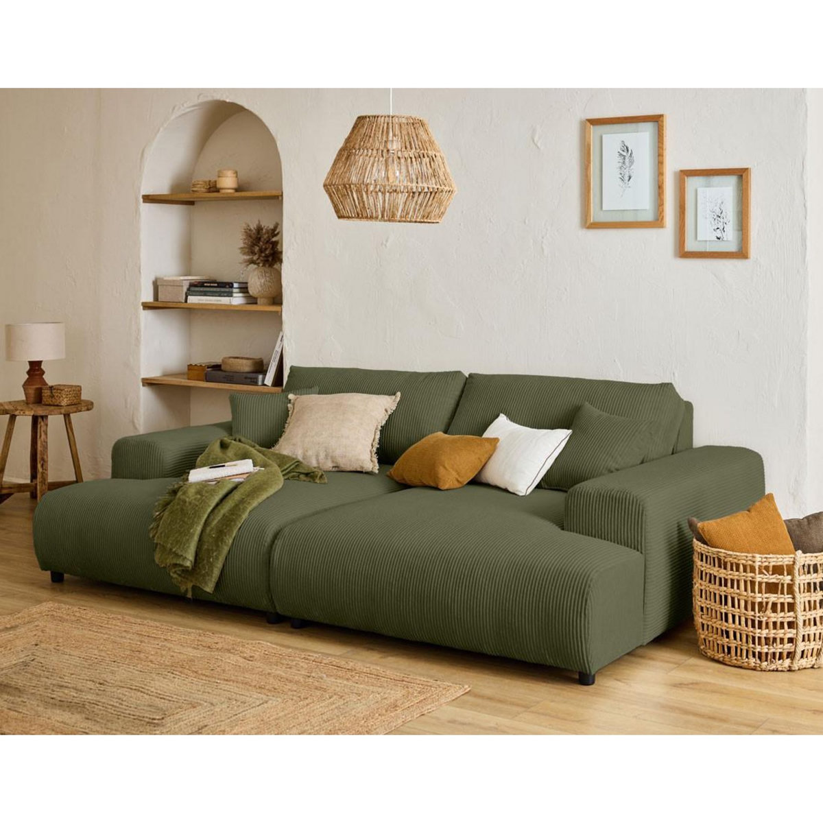 LISA DESIGN Garance - canapé droit 4 places double méridienne - assise profonde - en velours côtelé