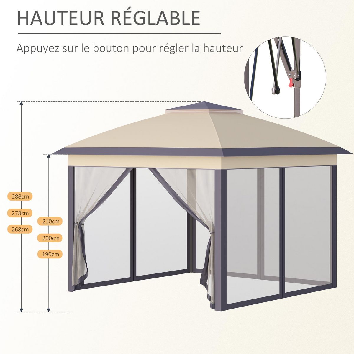 OUTSUNNY Tonnelle barnum de jardin pop-up pliant - dim. 3,30L x 3,30l x 2,88H m - hauteur réglable, double toit, sac transport - métal époxy, oxford, moustiquaires - beige gris