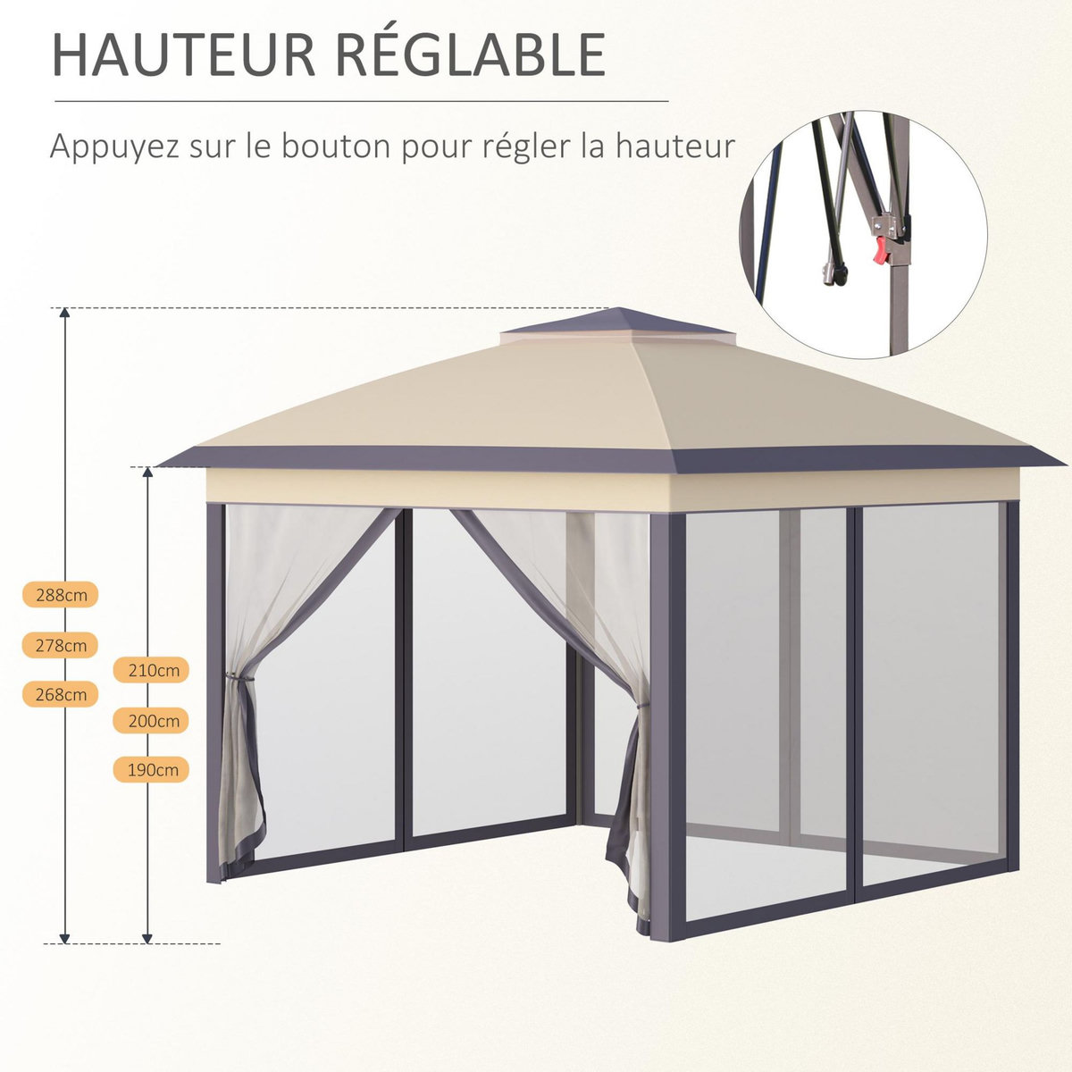 OUTSUNNY Tonnelle barnum de jardin pop-up pliant - dim. 3,30L x 3,30l x 2,88H m - hauteur réglable, double toit, sac transport - métal époxy, oxford, moustiquaires - beige gris