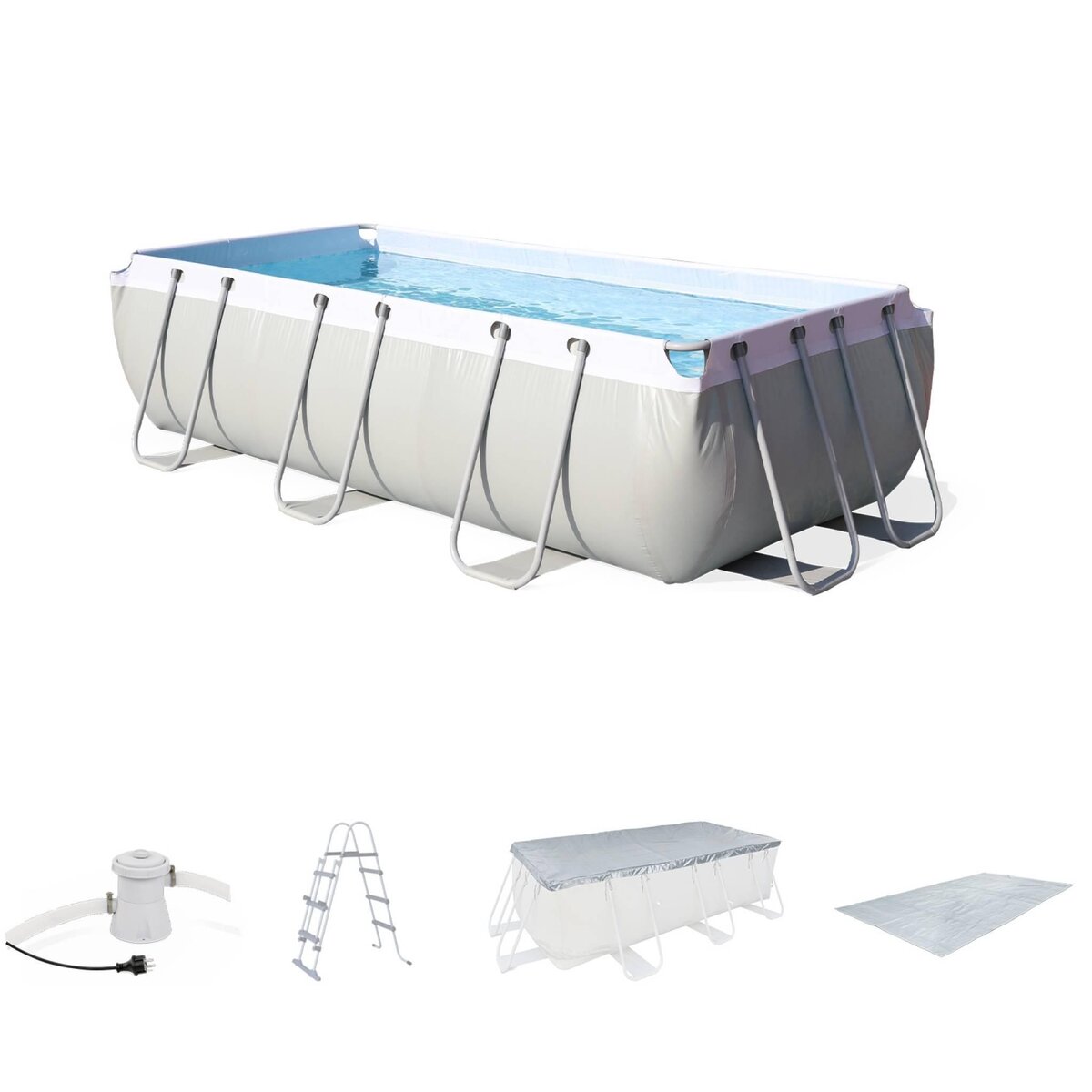 BESTWAY Kit grande piscine tubulaire - Topaze grise - piscine rectangulaire 4x2m avec pompe de filtration. bâche de protection. tapis de sol et échelle. piscine hors sol armature acier