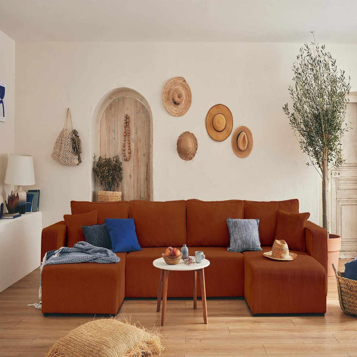 BEST MOBILIER Topaze - canapé panoramique en u - 7 places - convertible avec coffre - en velours côtelé