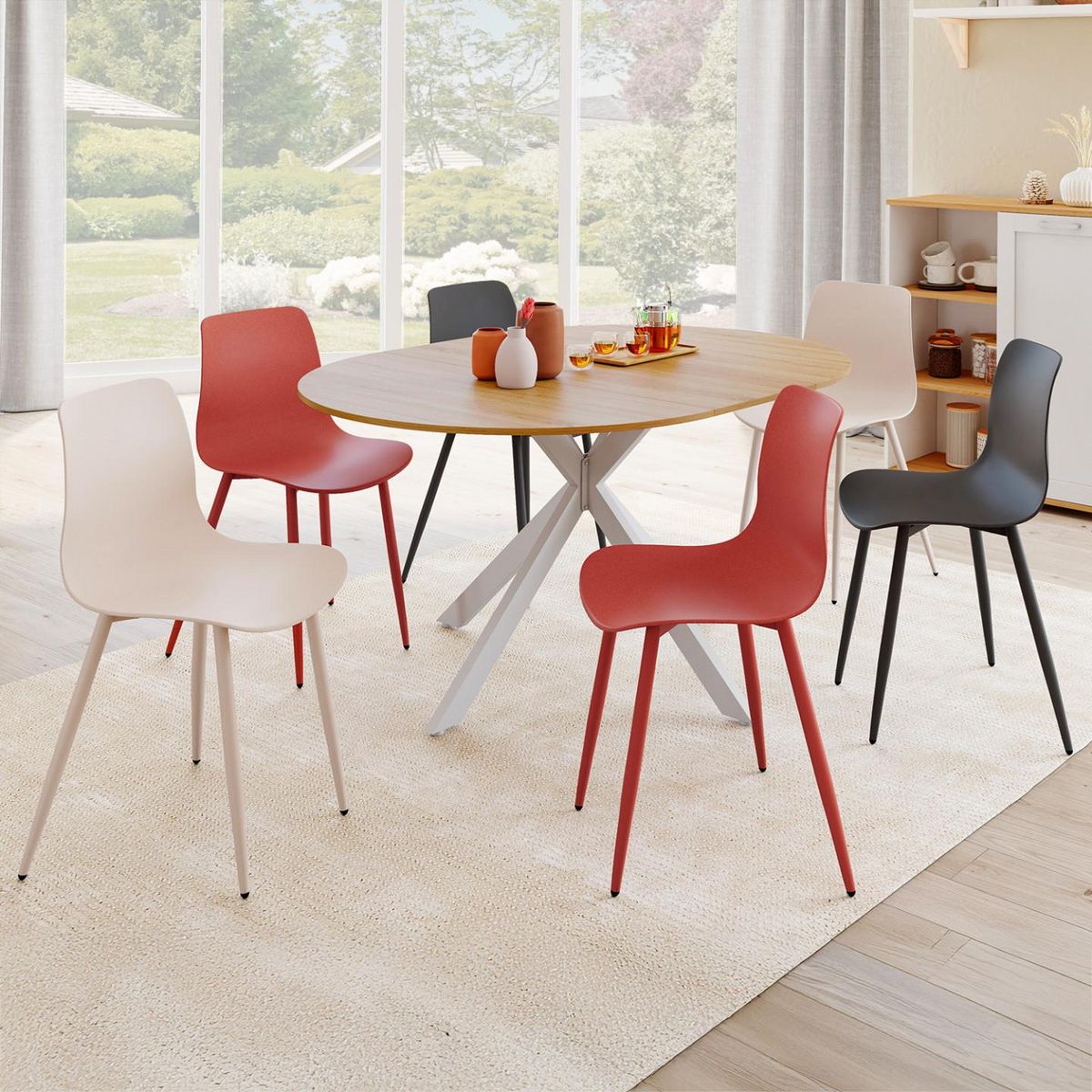 ID MARKET Lot de 6 chaises en polypropylène KIARA mix color gris foncé x2, terracotta x2, beige x2 avec pieds en métal