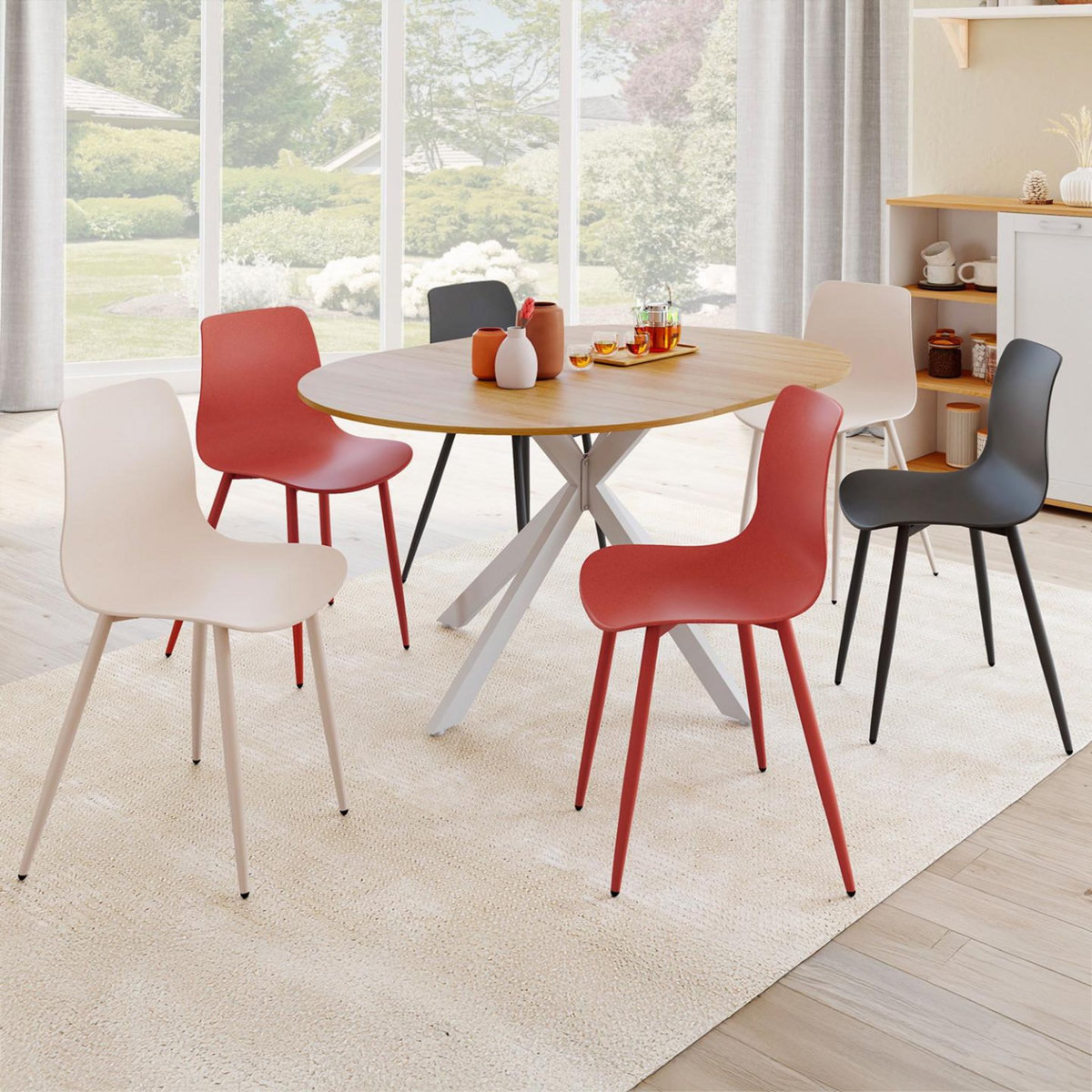 ID MARKET Lot de 6 chaises en polypropylène KIARA mix color gris foncé x2, terracotta x2, beige x2 avec pieds en métal