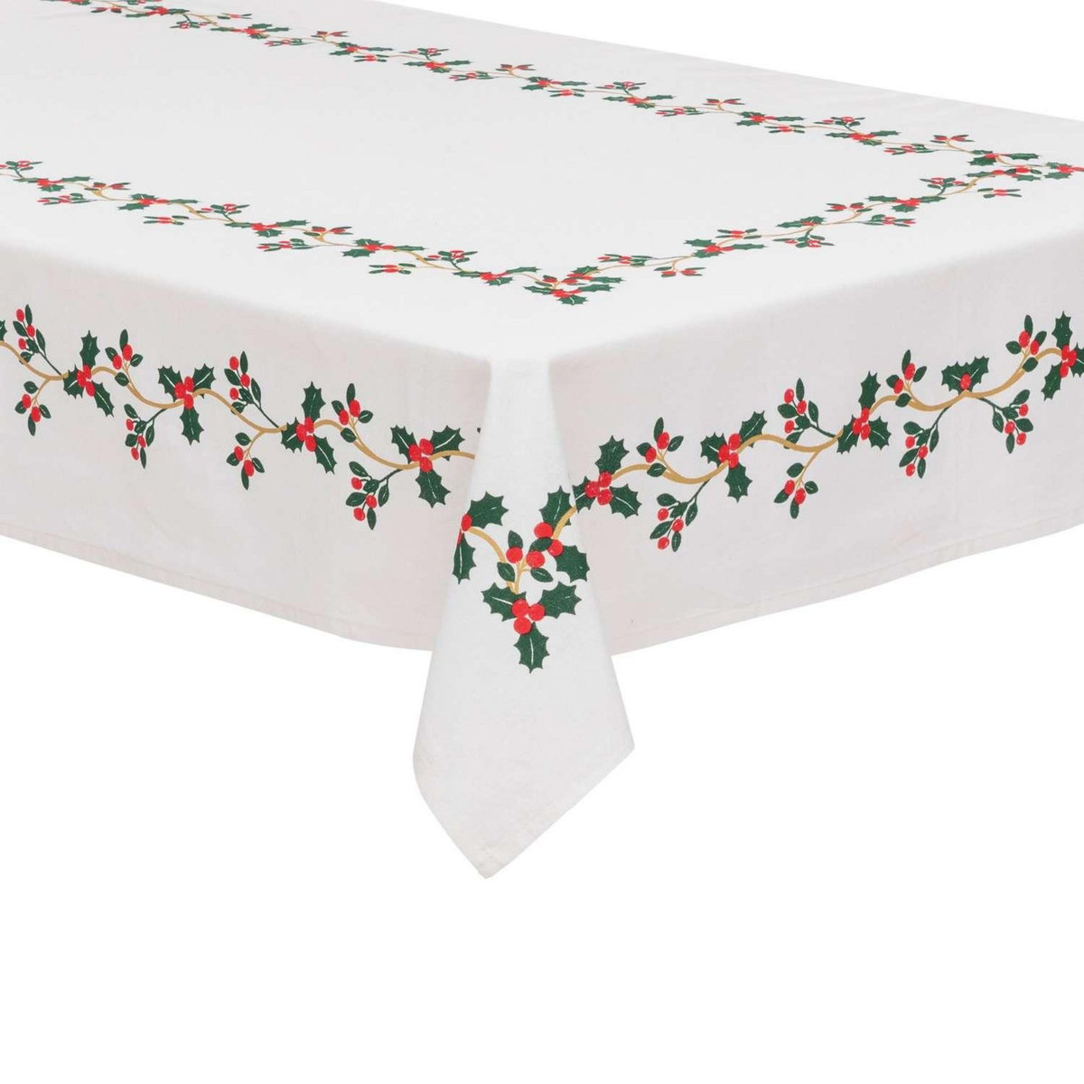ATMOSPHERA Nappe de Noël rectangulaire motifs houx et baies - L. 140 x 360 cm - Blanc finition dorée