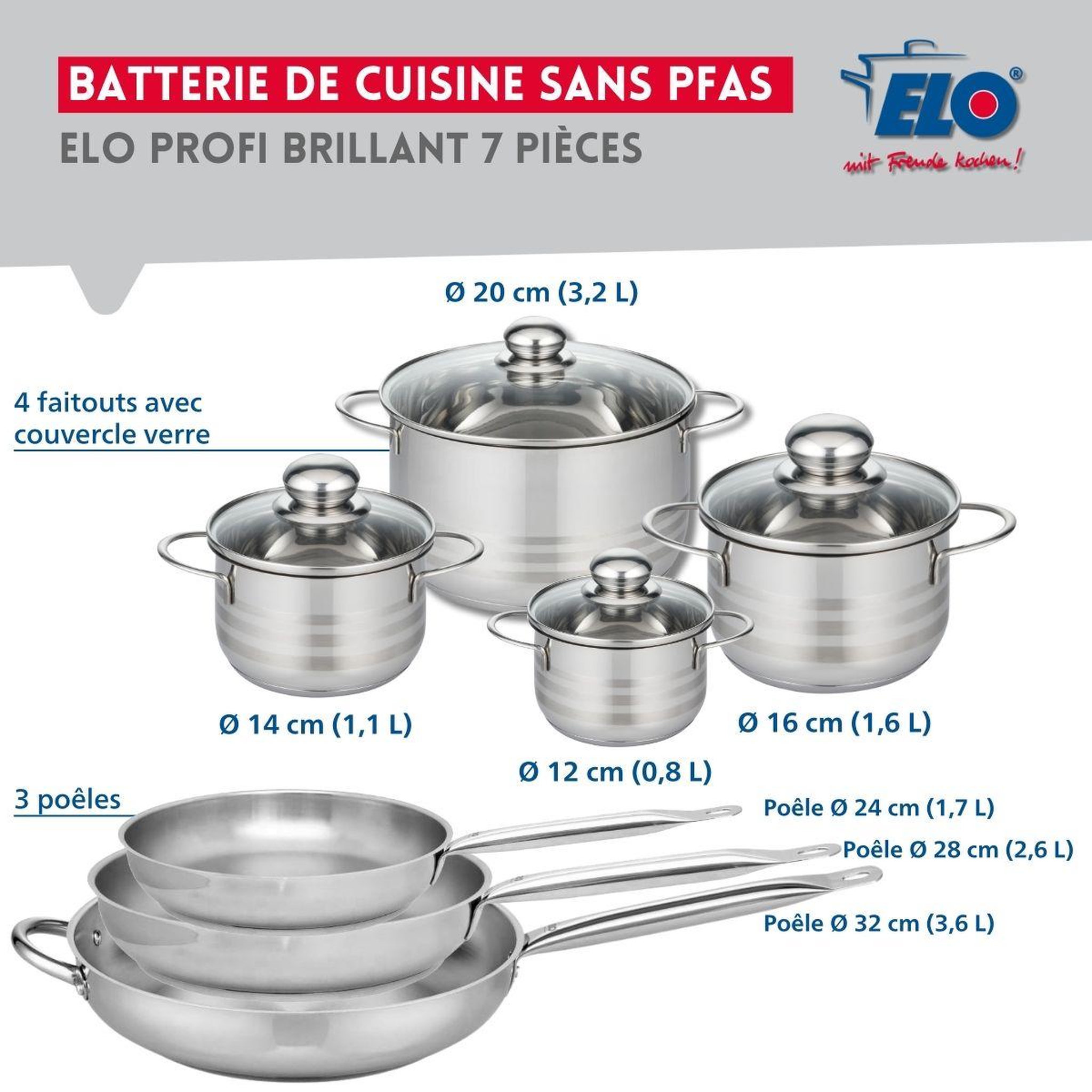 Voir la diapositive 2 : ELO Ensemble de 3 Poêles de cuisson 24, 28 et 32 cm et 4 faitouts 12, 14, 16 et 20 cm Elo Profi Brillant