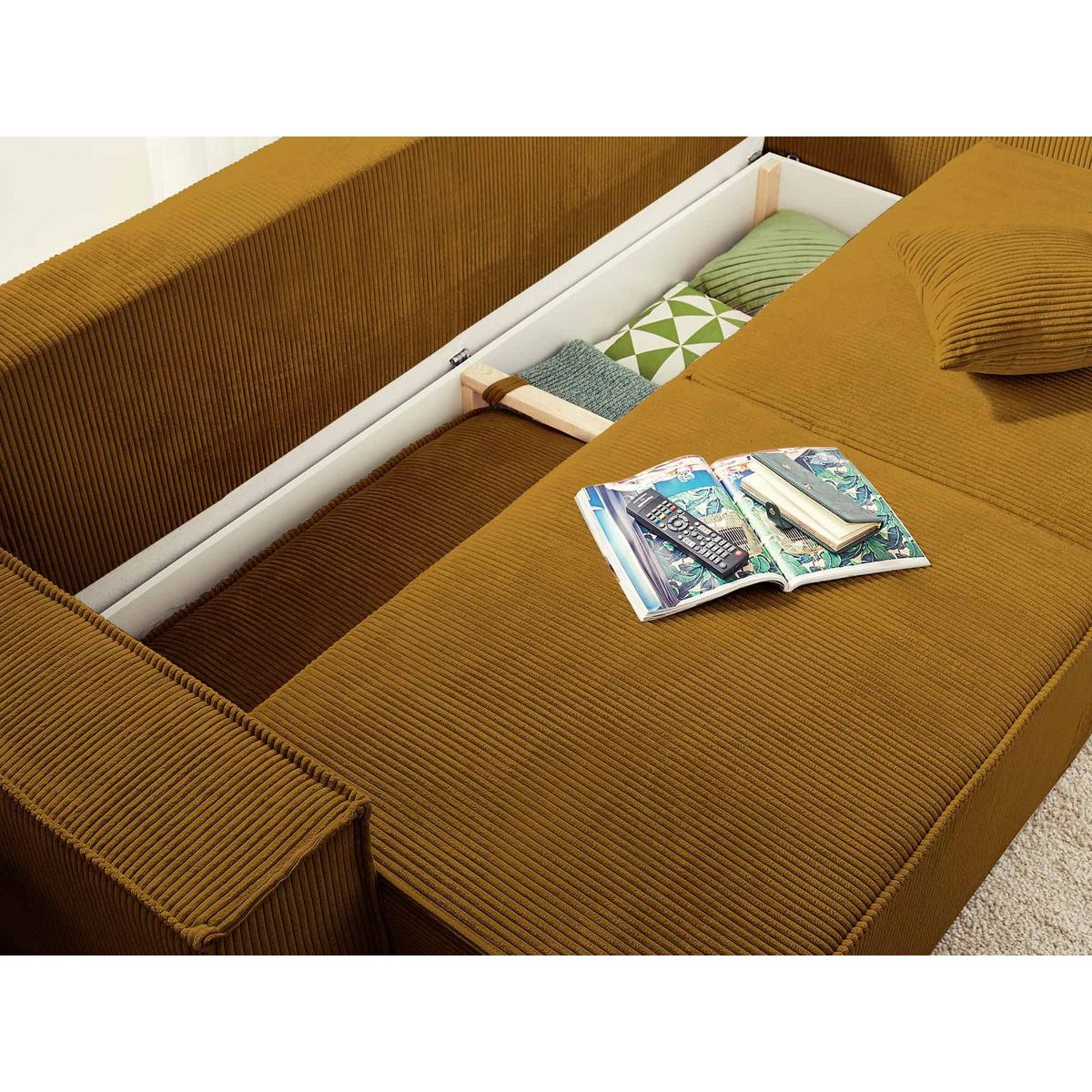 BEST MOBILIER Dellia - canapé 3 places convertible - avec coffre - en velours côtelé - style contemporain