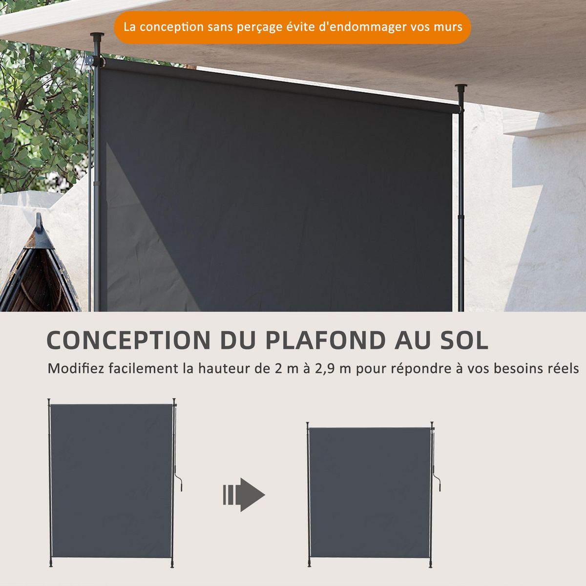 OUTSUNNY Store vertical réglable avec manivelle - brise-vue - installation sans perçage - alu métal gris